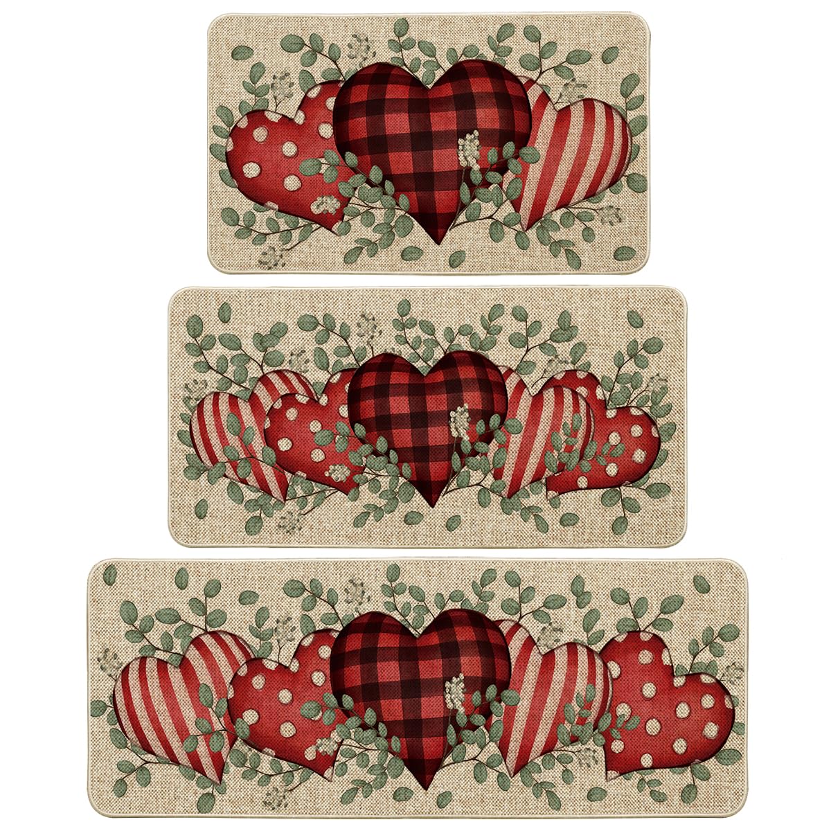 Artoid Mode Eucalyptus Love Heart Valentine's Decorative Kitchen Mats Set of 3, Home Party Low-Profile Home Kitchen Rugs - 17"x29"+17"x36"+17"x47"
