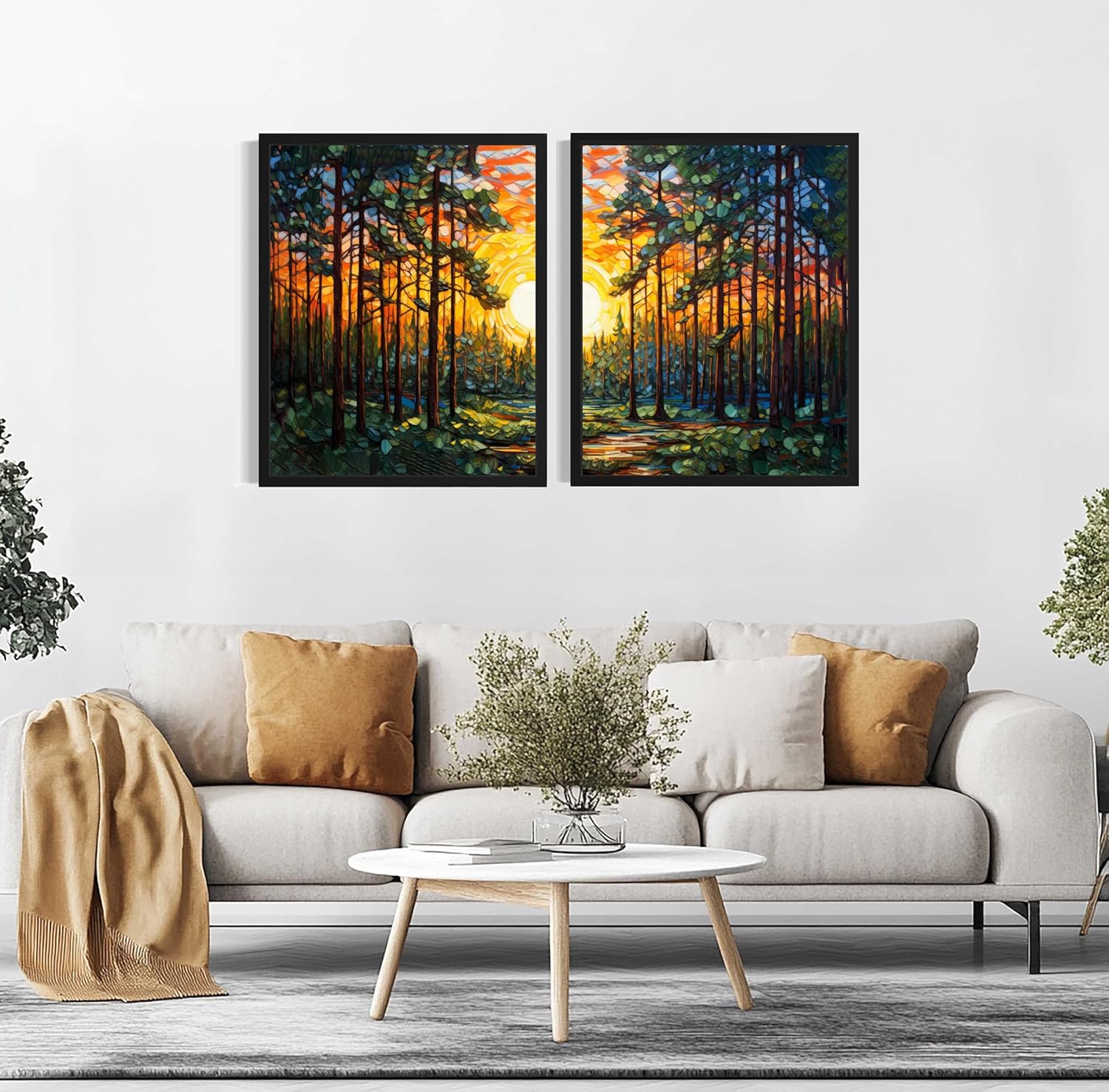 Wall Art Poster Prints, Landscape Floral Nature Scenery Painting,(Set of 2) Decor for Living Room, Bedroom, Bathroom AA37 (Pine Trees forest, 16 x 20 inches (2 Panels), Unframed)