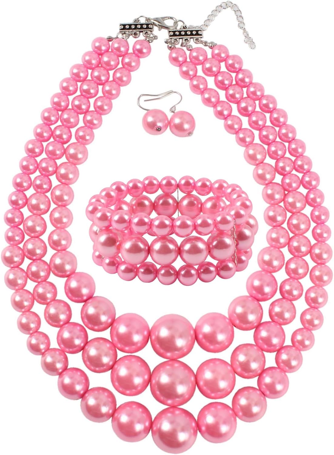 KOSMOS-LI Women’s 3 Layer Simulated Pearl Statement 18″ Necklace Bracelet and Earrings Jewelry Set