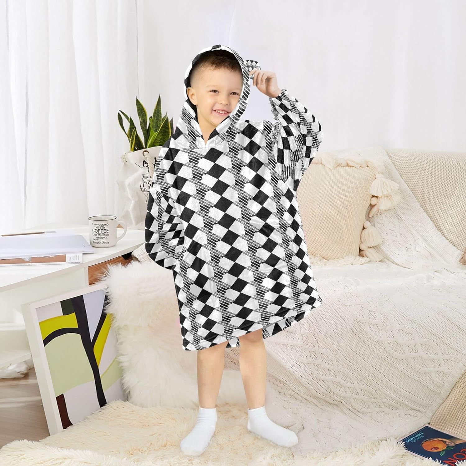 Black and White Buffalo Check Plaid Kids Wearable Blanket Hoodie and Sleeves for Toddlers, Cute Hoodies Girls B0403938