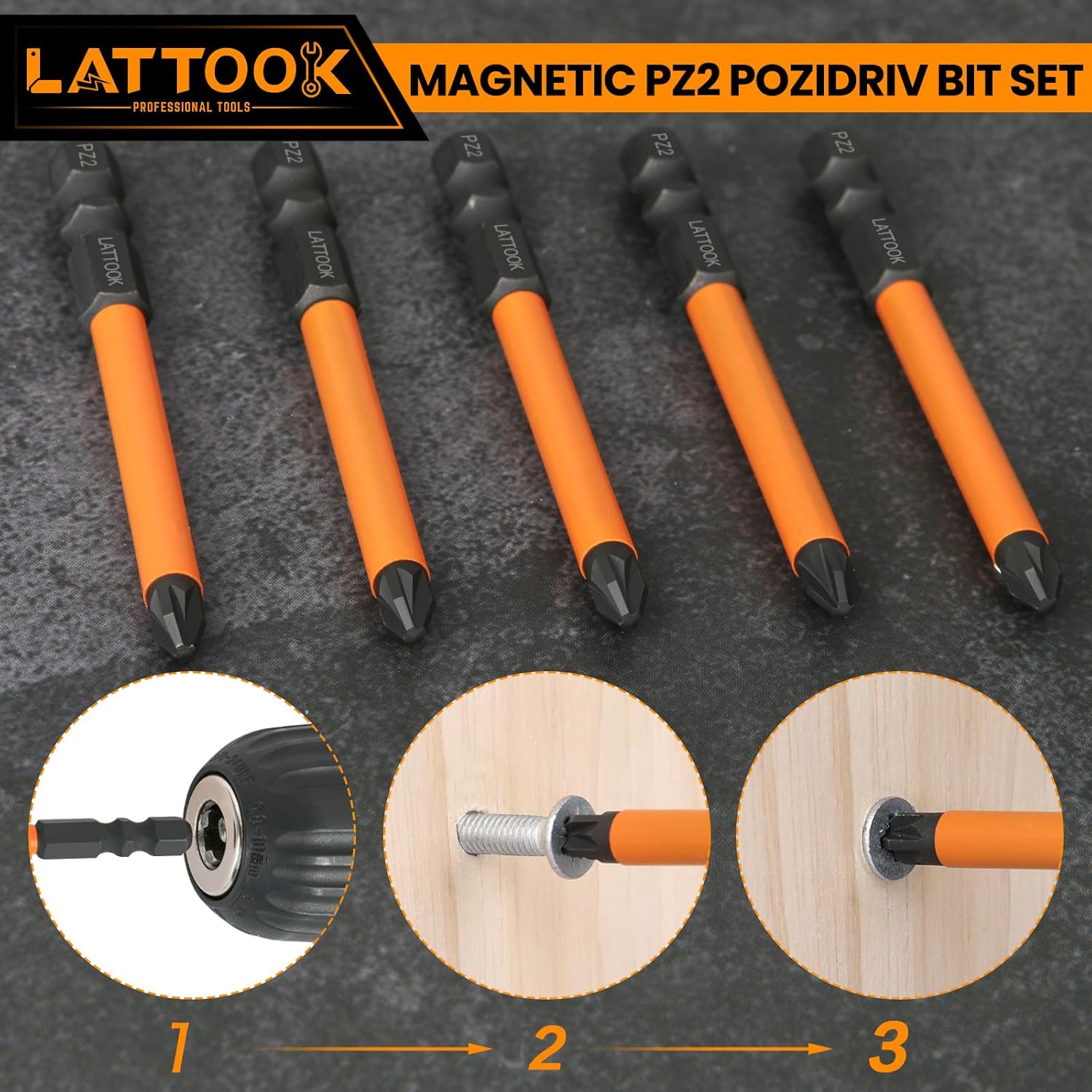 Pozidriv Bit Set, LATTOOK 5-Piece PZ2 Pozi Bit Set, Magnetic S2 Steel Pozidriv Screwdriver, 3'' Long
