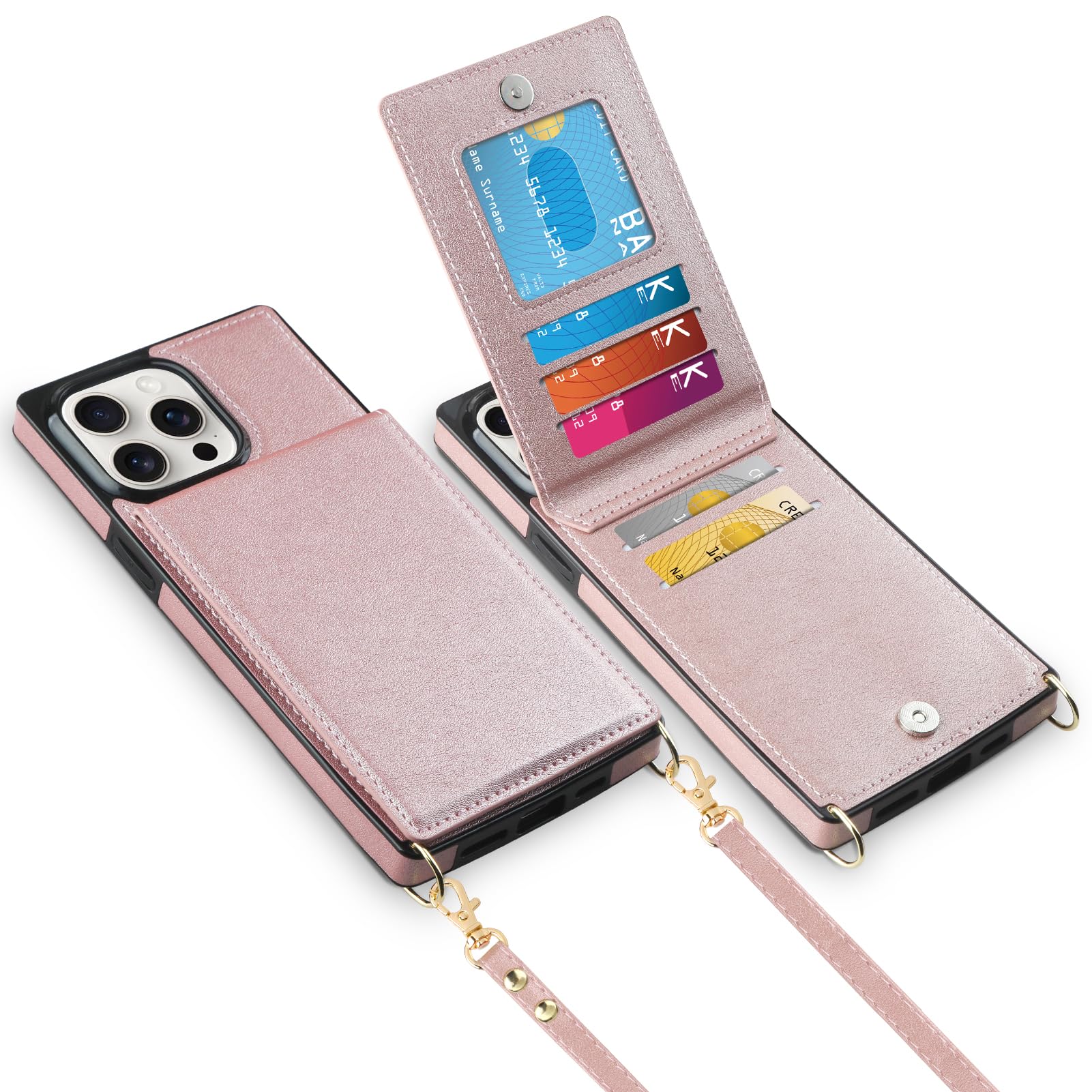 Vofolen for iPhone 15 Pro Max Case with Card Holder Crossbody Lanyard Strap Leather Wallet Case with Magnetic Clasp Kickstand Heavy Duty Protective