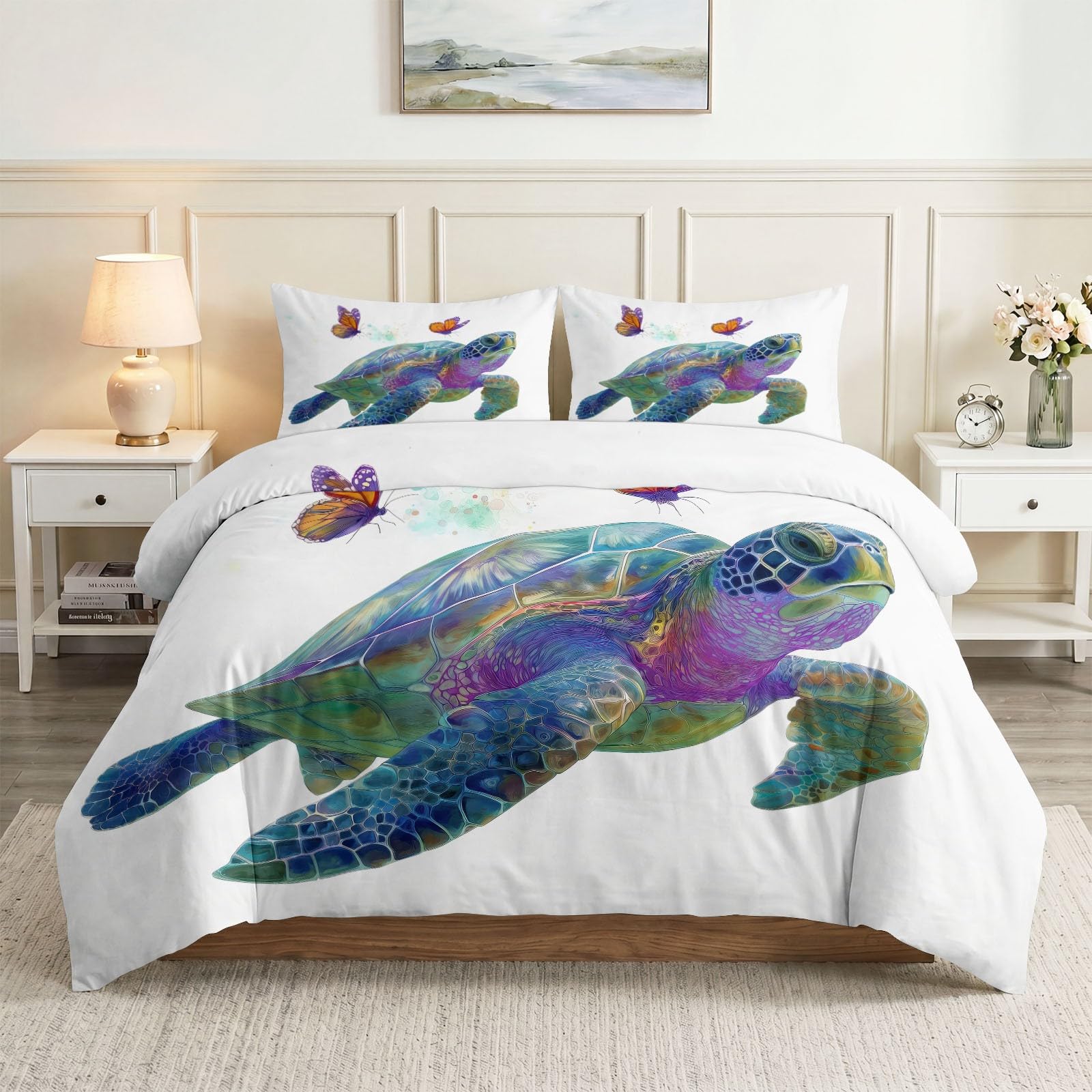 200 x 200 cm Zestaw pościeli dla dzieci, fantazyjne zwierzęta żółw morski poszwa na kołdrę z nadrukiem 3D - Miękka i wygodna poszwa na kołdrę 3-częściowa poszwa na kołdrę z 2 poszewkami na poduszki