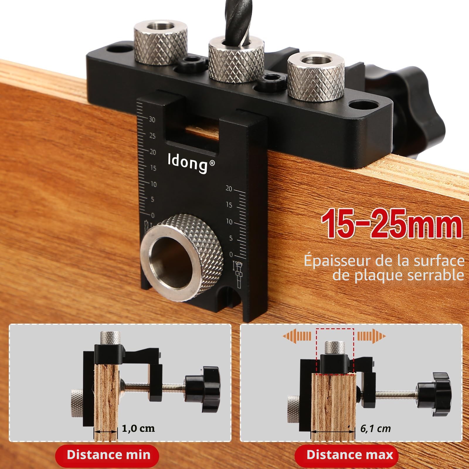 Gabarit De Percage Set，8/10/15 mm Gabarit de Trou de Poche,3 en1 Kit Localisateur de Guide de Percage Cheville Bois,Outils de Bricolage pour le travail du bois (noir Gabarit De Percage)