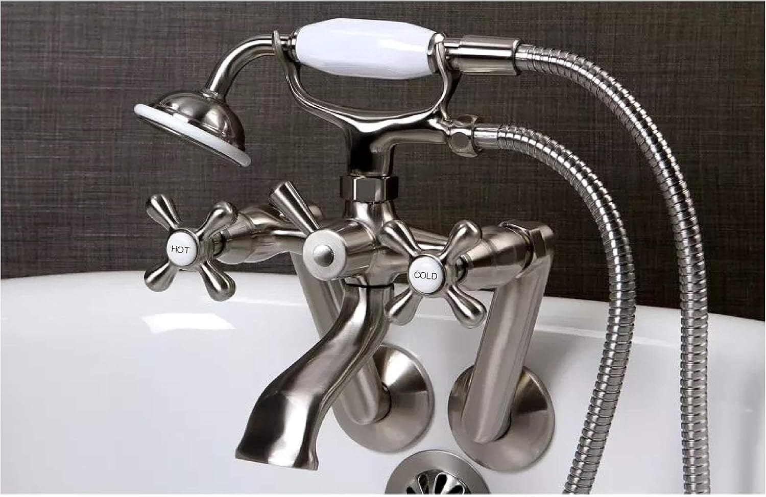 Best Deal 🛒 Satin Brushed Nickel Clawfoot Tub Mounted Faucet With Hose & Hand Spray