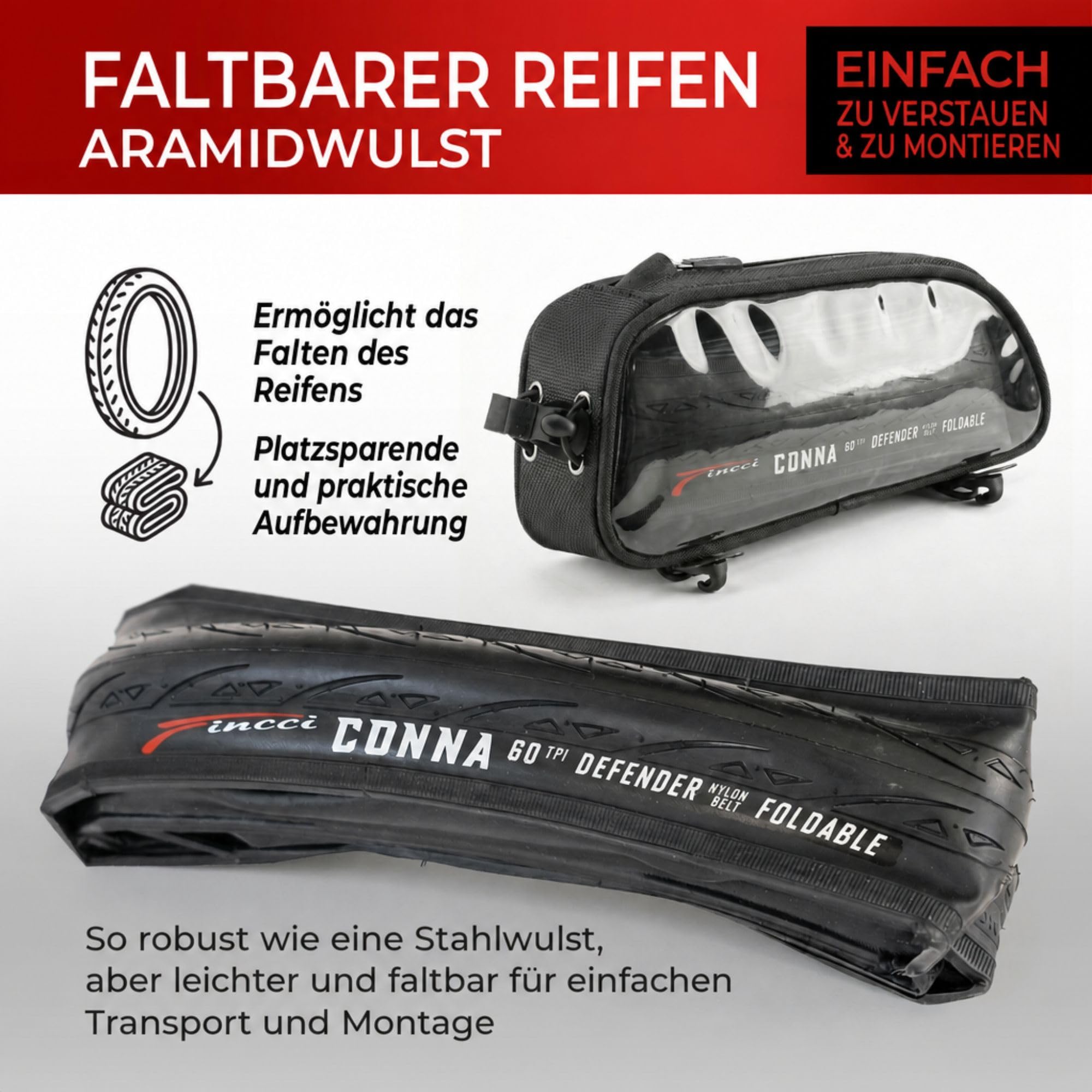 Fincci Rennrad Reifen 28 Zoll Set 2er 700x25c Faltbar 25-622 Kevlar 60 TPI | Fahrradreifen 28 Zoll 700x25c Superleicht 225g Faltreifen 2 Stueck fuer High Speed Road Bike Performance Fahrrad Mantel