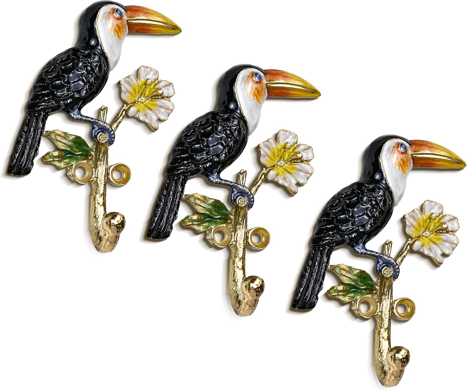 Decorative Metal Hanging Hooks, 3-Pack – Toucan, Peacock, Butterfly and Blossom Design | Wall Hooks for Indoors & Outdoors (Peacock Blue)