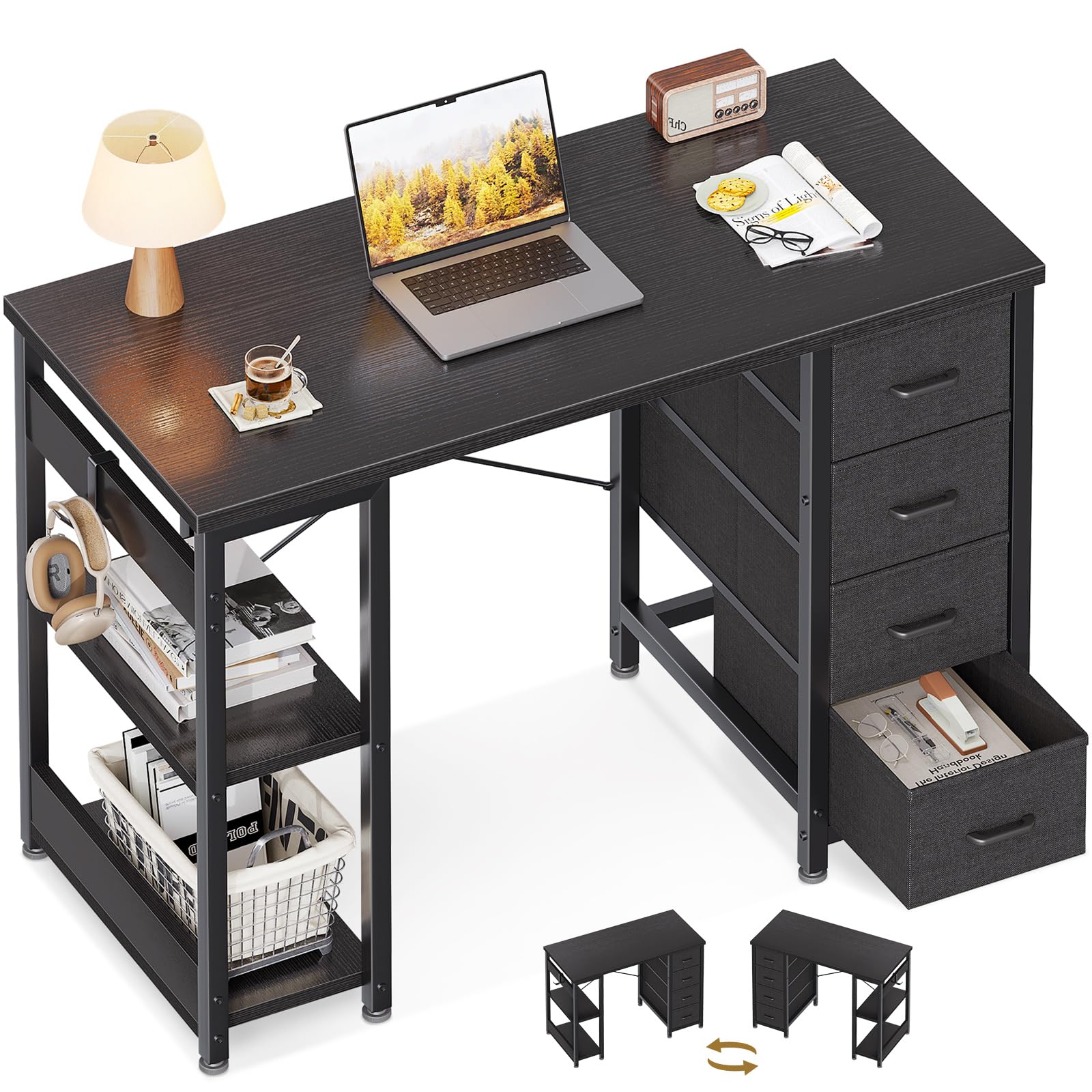 ODK 40 Inch Small Computer Desk with 4 Fabric Drawers, Modern Writing PC Desk for Small Spaces, Study & Home Office Desk with Storage Shelves, Black