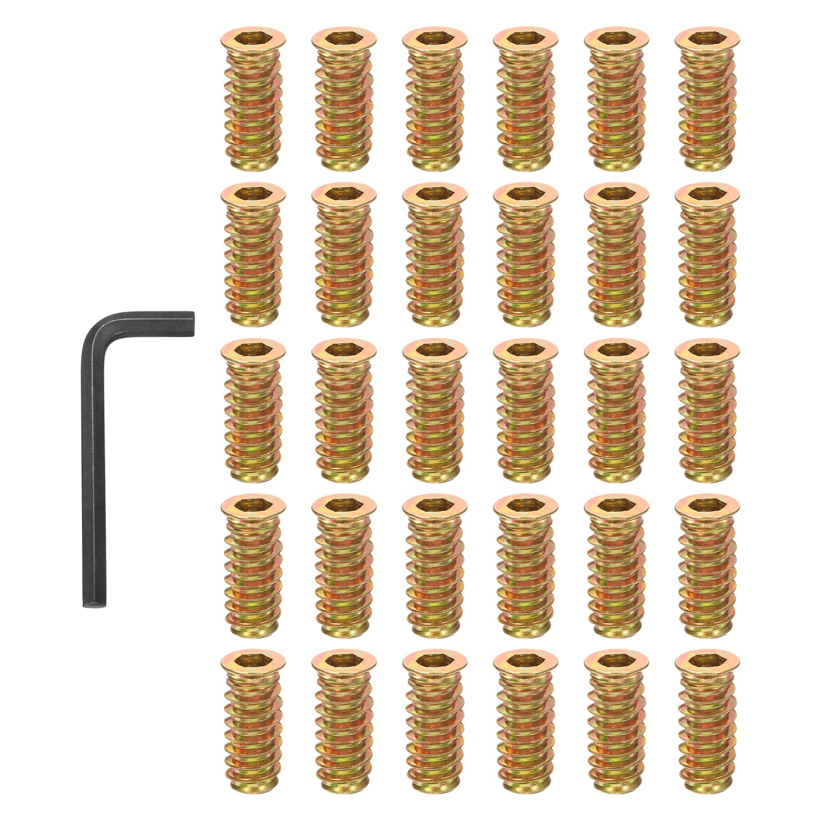 PATIKIL 30 Pcs Threaded Inserts Nuts, M6x25mm Carbon Steel Hex Socket Drive Screw-in Wood Insert Metric Bolts Fastener with Wrench for Home Furniture, Colored