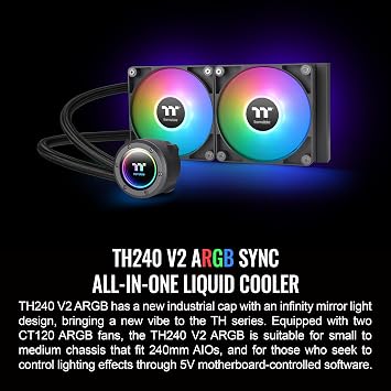 Thermaltake TH240 ARGB Sync V2 CPU Liquid Cooler/AlO Liquid Cooling/Fan 120mm*2/PWM 500-2000 RPM/Mirror Water Block/MB ARGB Synchronous Control, CL-W361-PL12SW-A, Black