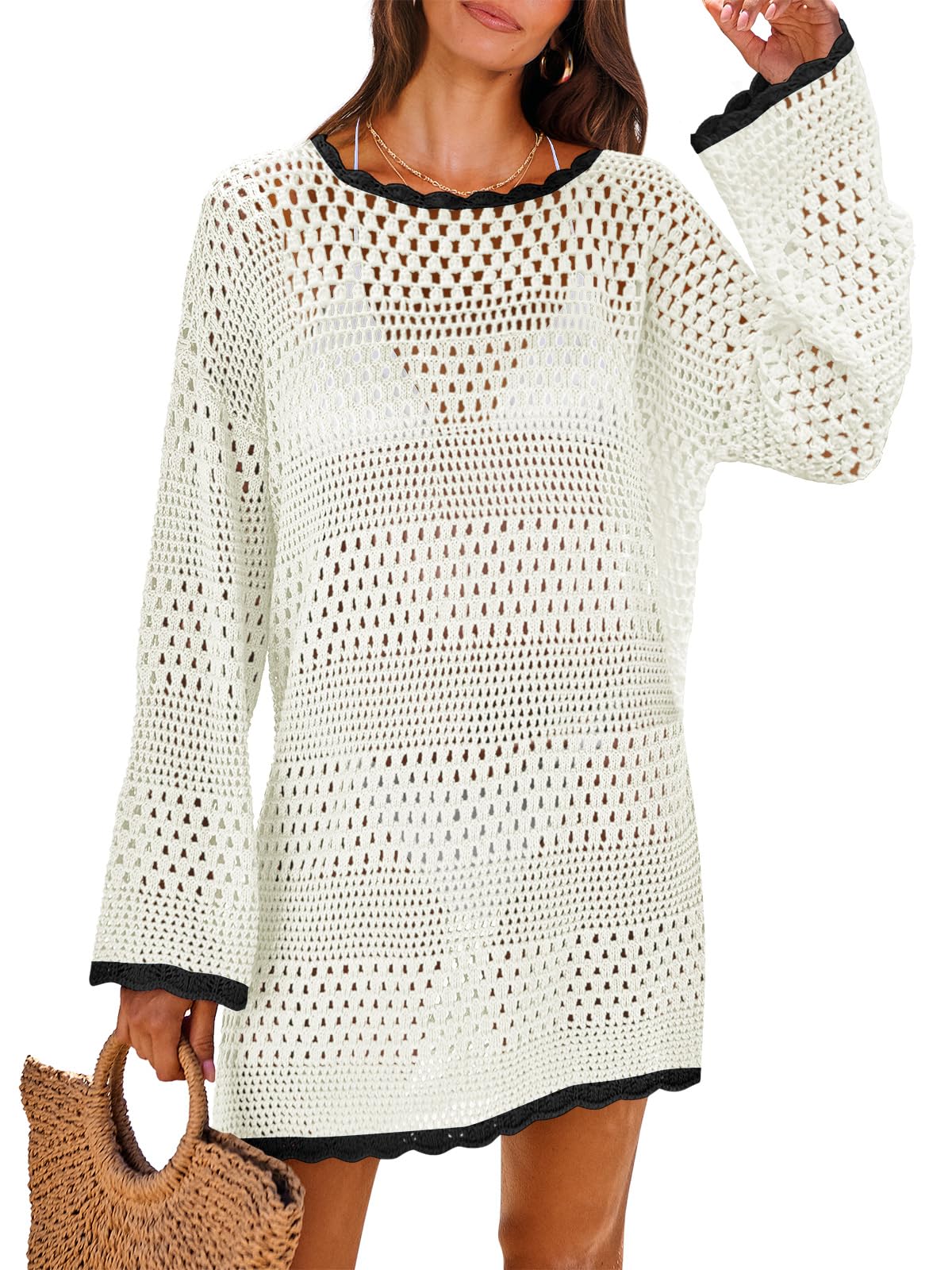ANRABESS Women Swimsuit Cover Up Beach Crochet Bathing Suit Mini Dress