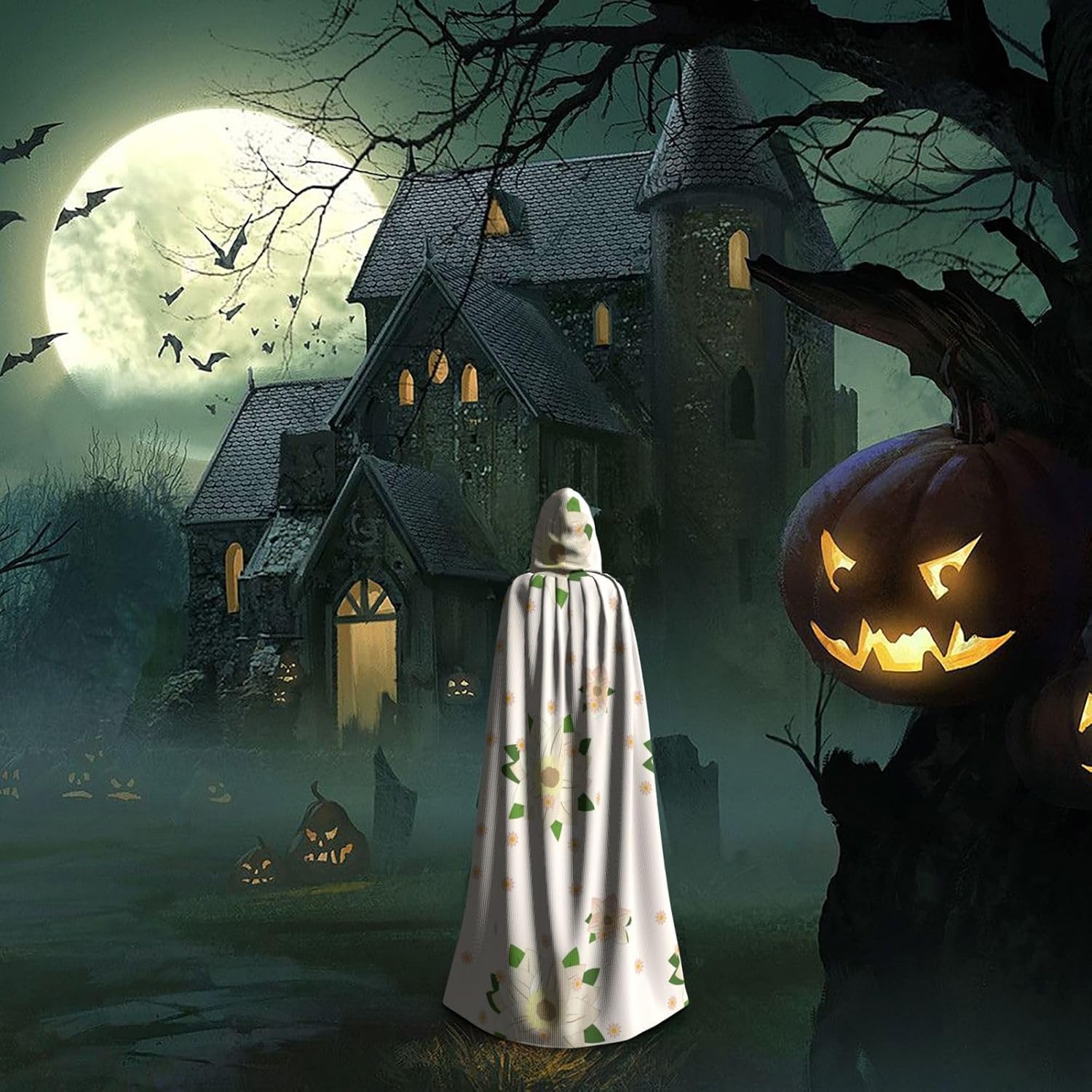 Blooming Hexagonal White Men Women Halloween Role Play Party Decoration Hooded Poncho