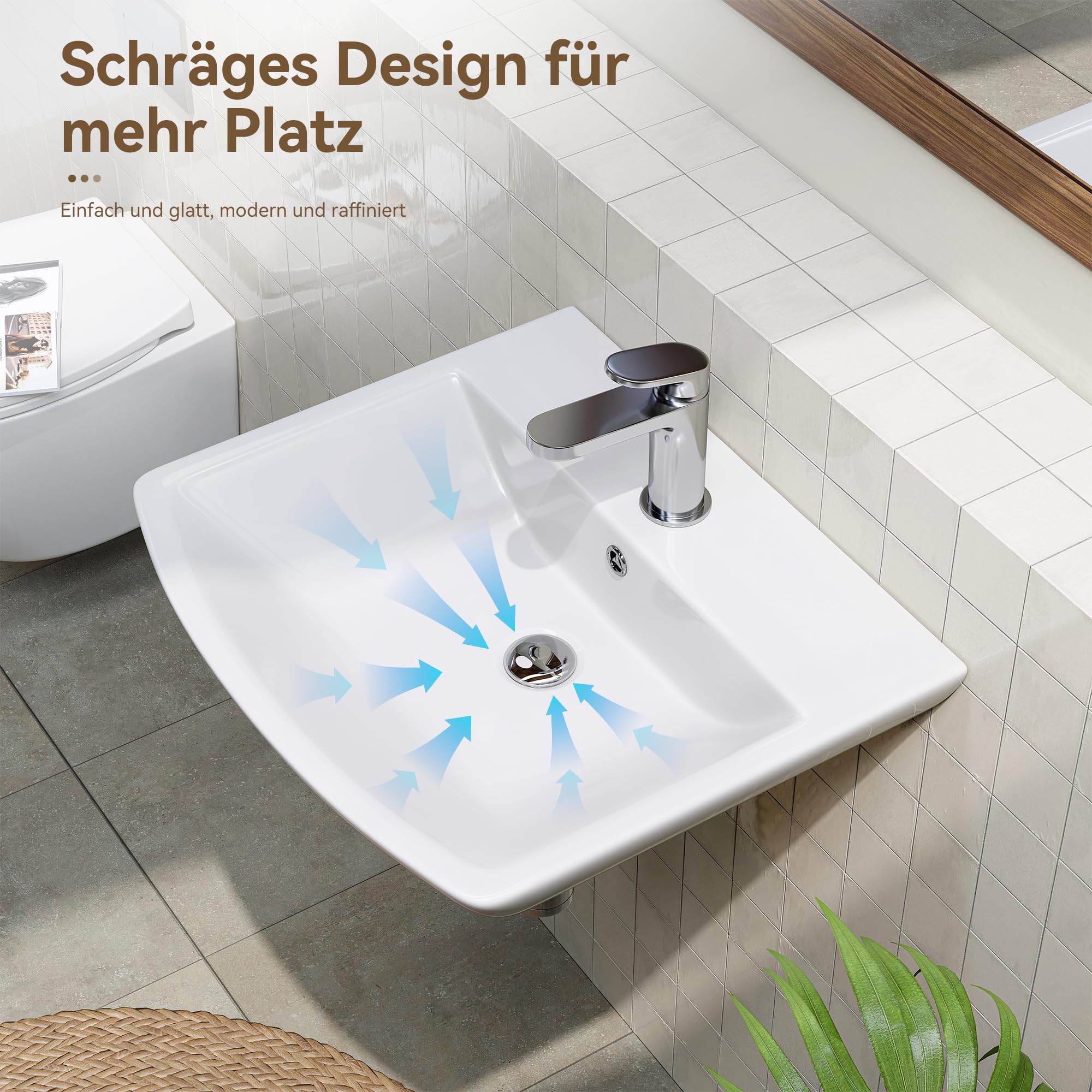 HOROW Lavabo da bagno piccolo con troppopieno, lavabo da tavolo, per bagno degli ospiti, lavabo sospeso, lavabo da parete con foro per rubinetto, in ceramica, bianco, 50 cm