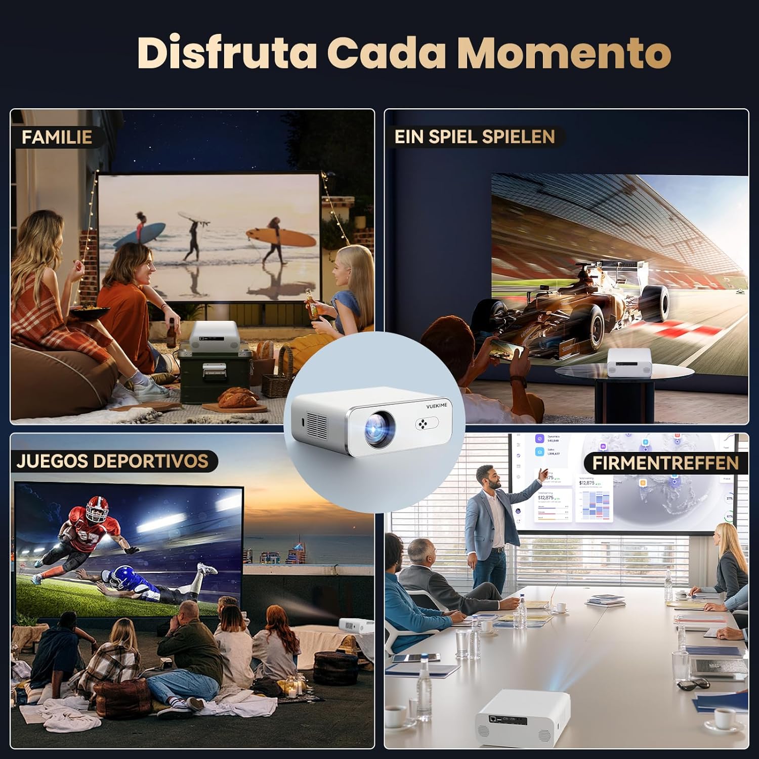 Rear view of VUEKIME projector showing all input/output ports and compatible devices