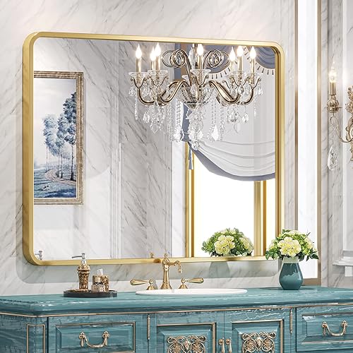 Brightify Espejo de baño con marco dorado de 40 x 30 pulgadas para pared, moderno espejo rectangular de pared dorado para baño, se cuelga vertical u