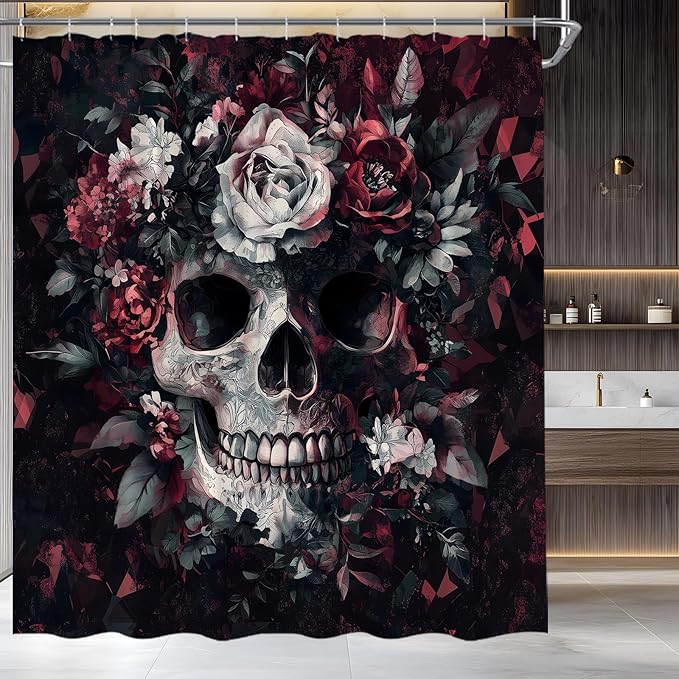 Sugar Skull Floral Shower Curtain Spooky Halloween Gothic Skeleton Flower Vintage Mystical Fabric Bathroom Decor Set,70x70 inch