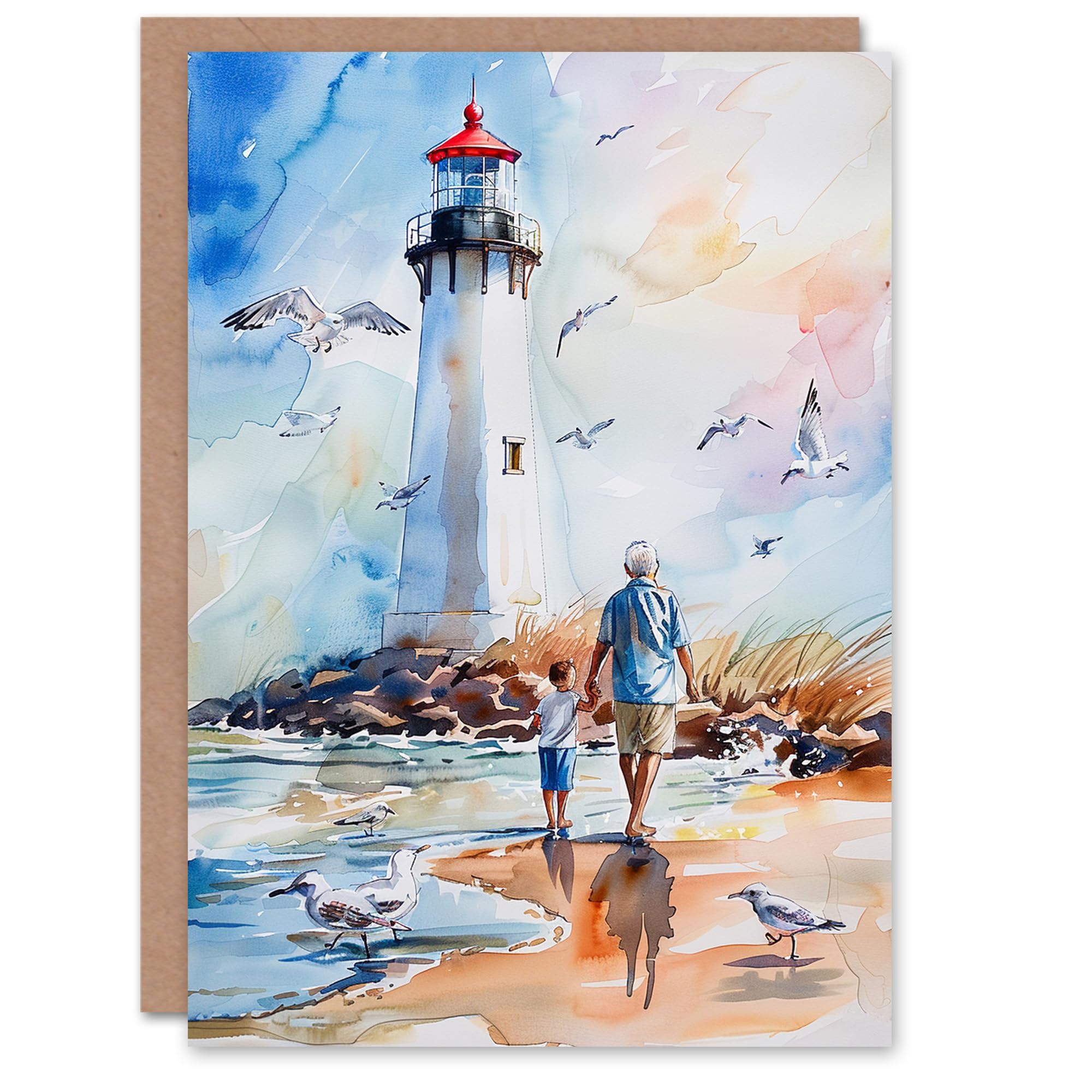 Artery8 Lighthouse Seagulls Beach Walk With Grandad For Him Man Retirement Card