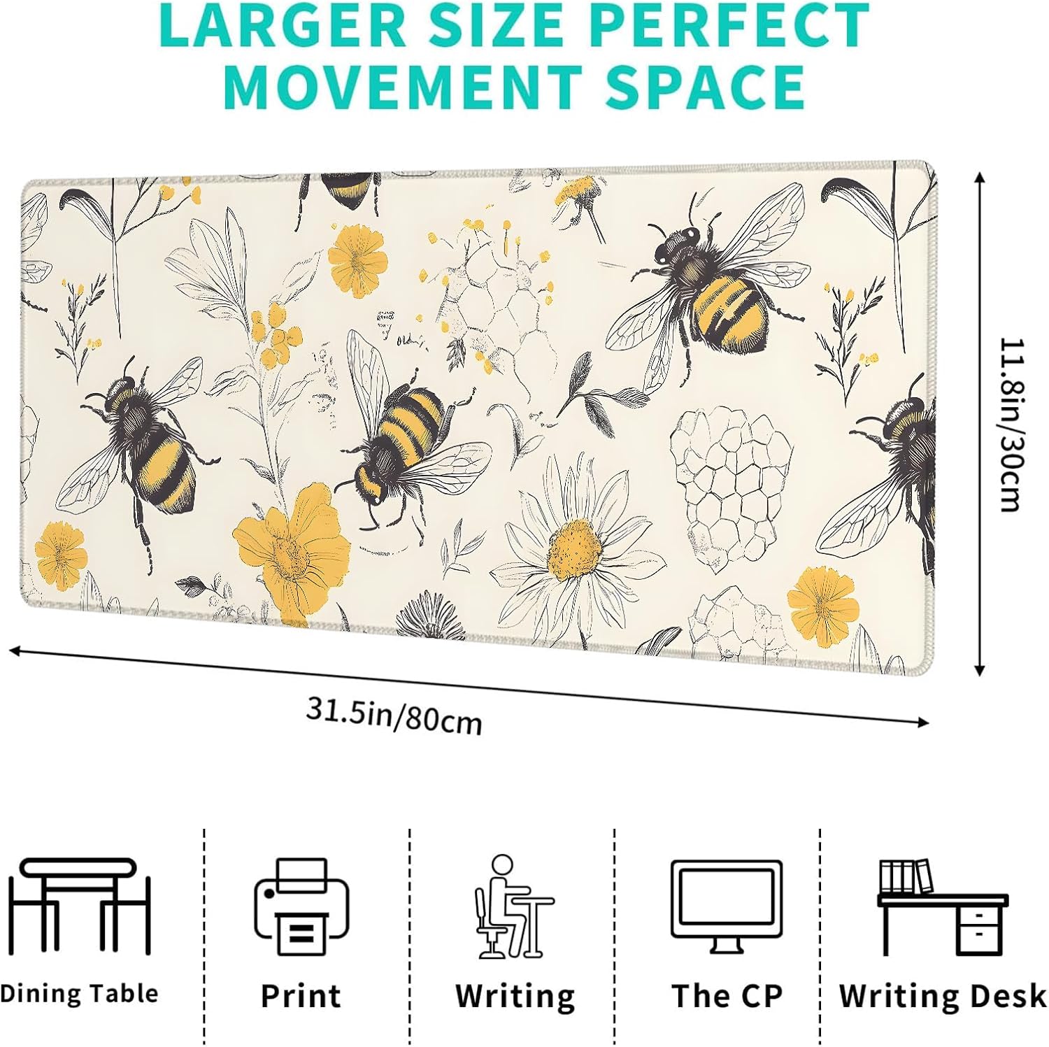 Retro Bee Gaming Mouse Pad,12x31.5in Non-Slip Rubber Flower Vintage Desk Mat,Large Extended Mousepad for Office Home Laptop,Mice Pads Gifts,Game Lover Deskmat Decor (Cream)