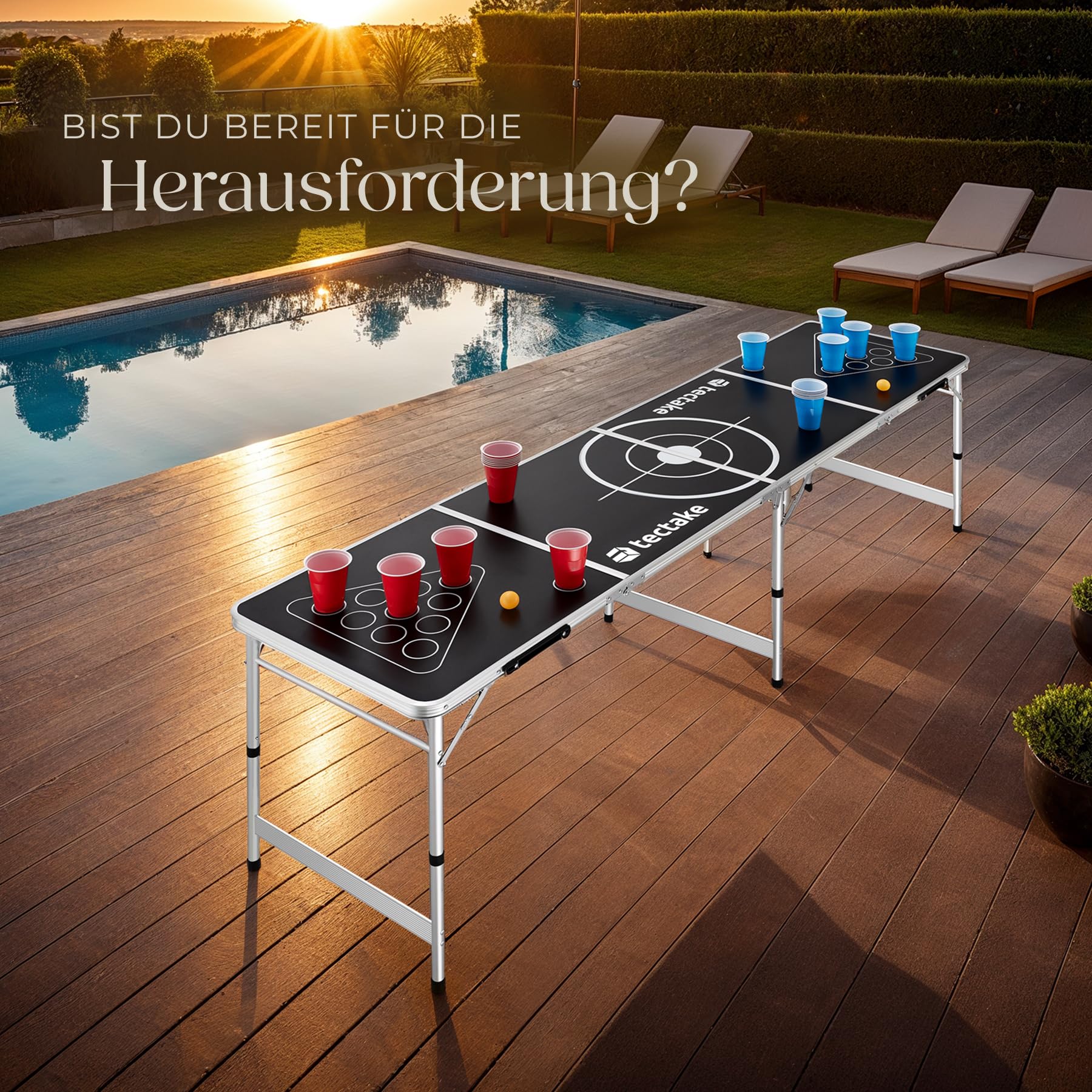 tectake® Bierpong Tisch, Beer Pong Tisch, inkl. 100 Becher (50 rot & 50 blau) und 6 Bälle, höhenverstellbar, Tisch klappbar mit Tragegriffen, Partyspiele für Erwachsene, Trinkspiel, Beer Pong