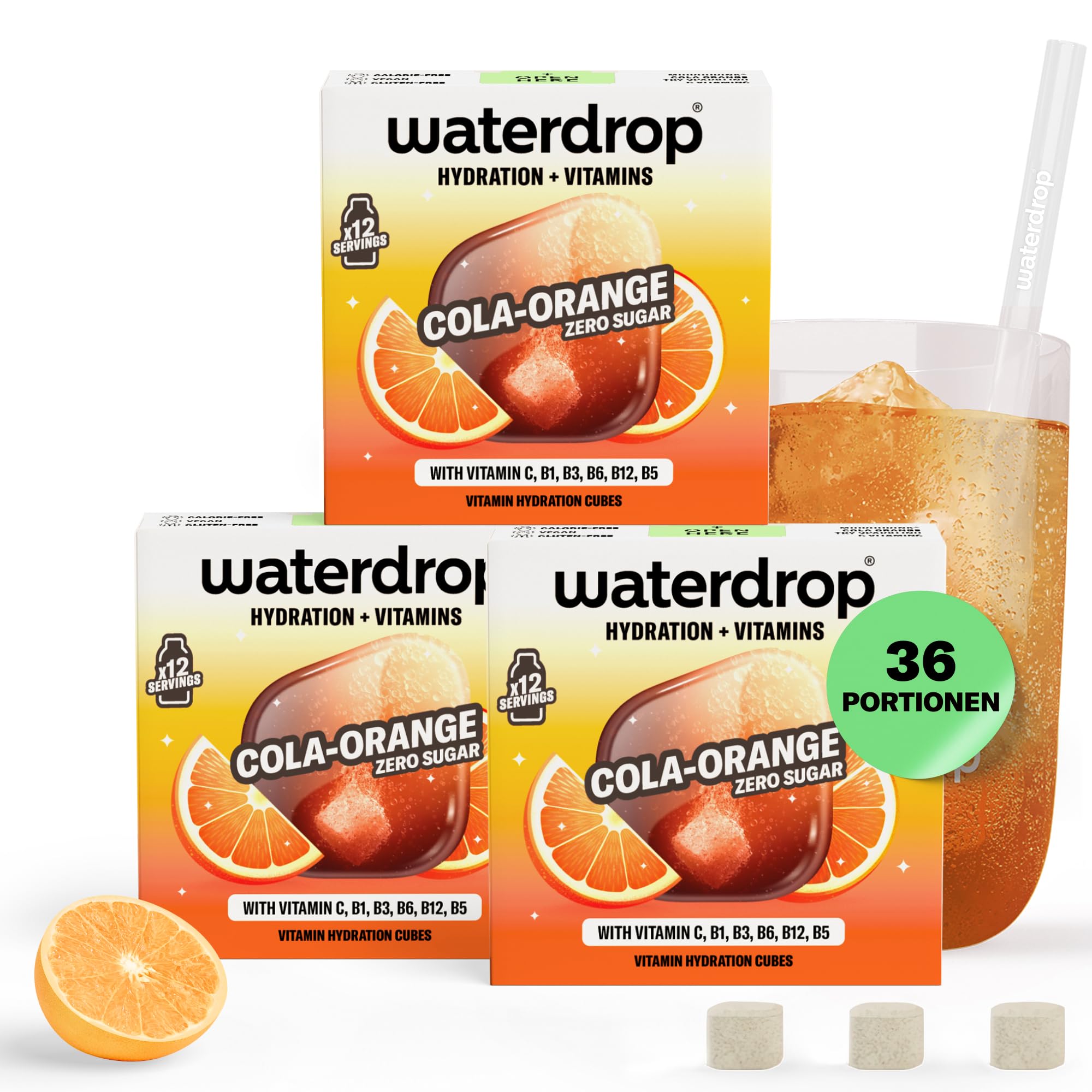 waterdrop® Cola x Orange - 36 zuckerfreie Waterdrop Drops Würfel im klassischem Cola-Limonaden Mix - Durstlöscher & Alternative zu Getränke-Sirup und geschmackspulver - Flavour Drops mit Vitaminen