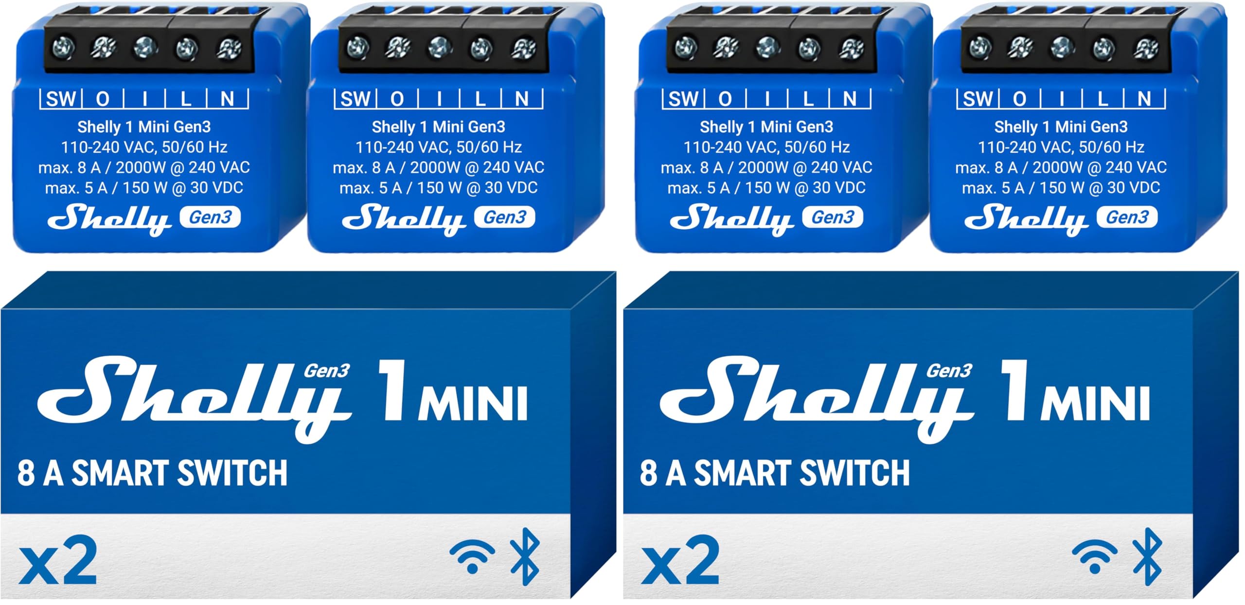 Shelly 1 Mini Gen3 - Mini Relais Interrupteur sans fil, Contacts secs, Wi-Fi & Bluetooth, 1 Canal - 8A, Commande portail, lumières, Alexa & Google Home, App iOS Android, Sans hub (Lot de 4)