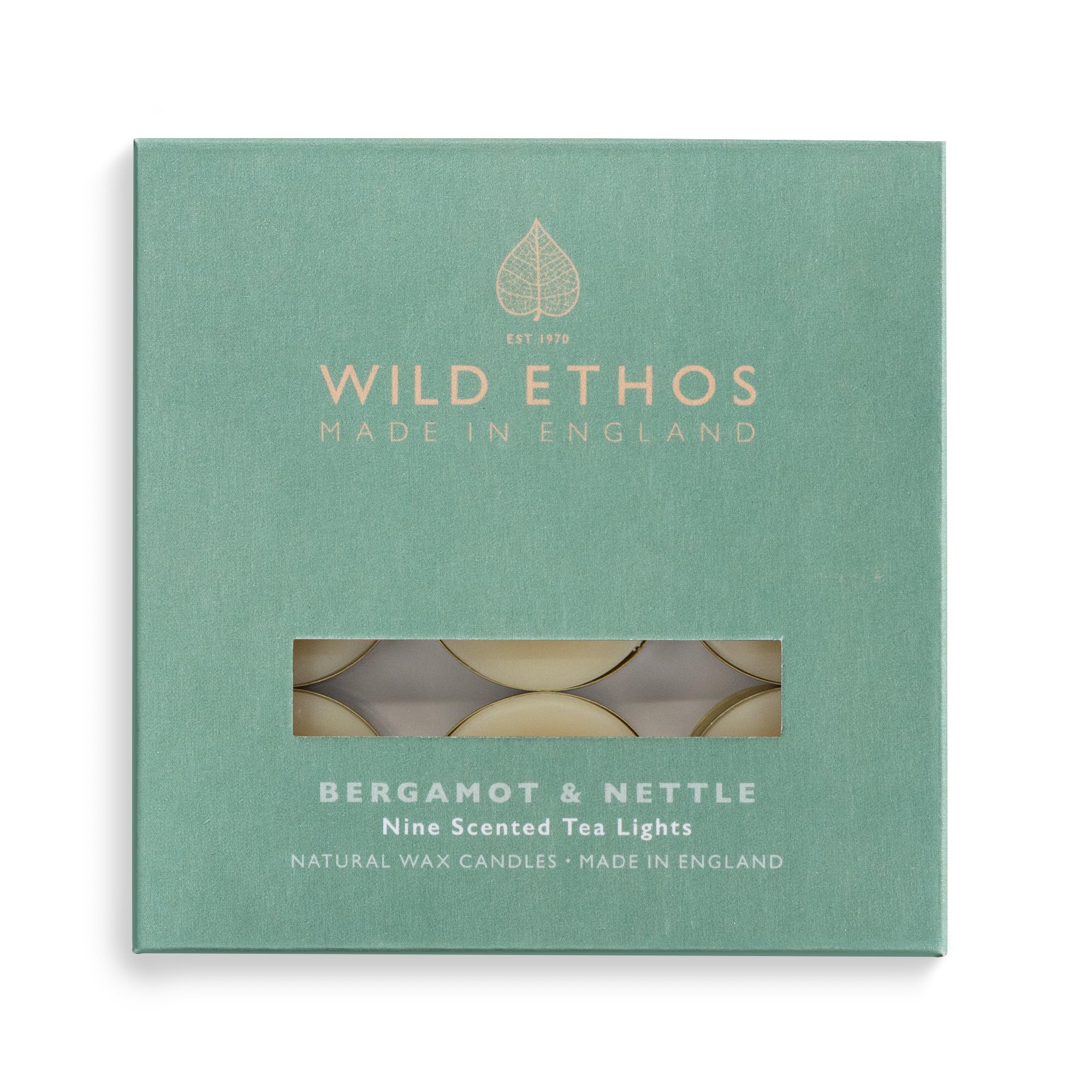 Wild Ethos Scented Tea Lights - Natural Wax - Long Lasting & Blended Natural Essential Oils - Pack of 9 - Made in The UK - Select Your Scent (Bergamot & Nettle)