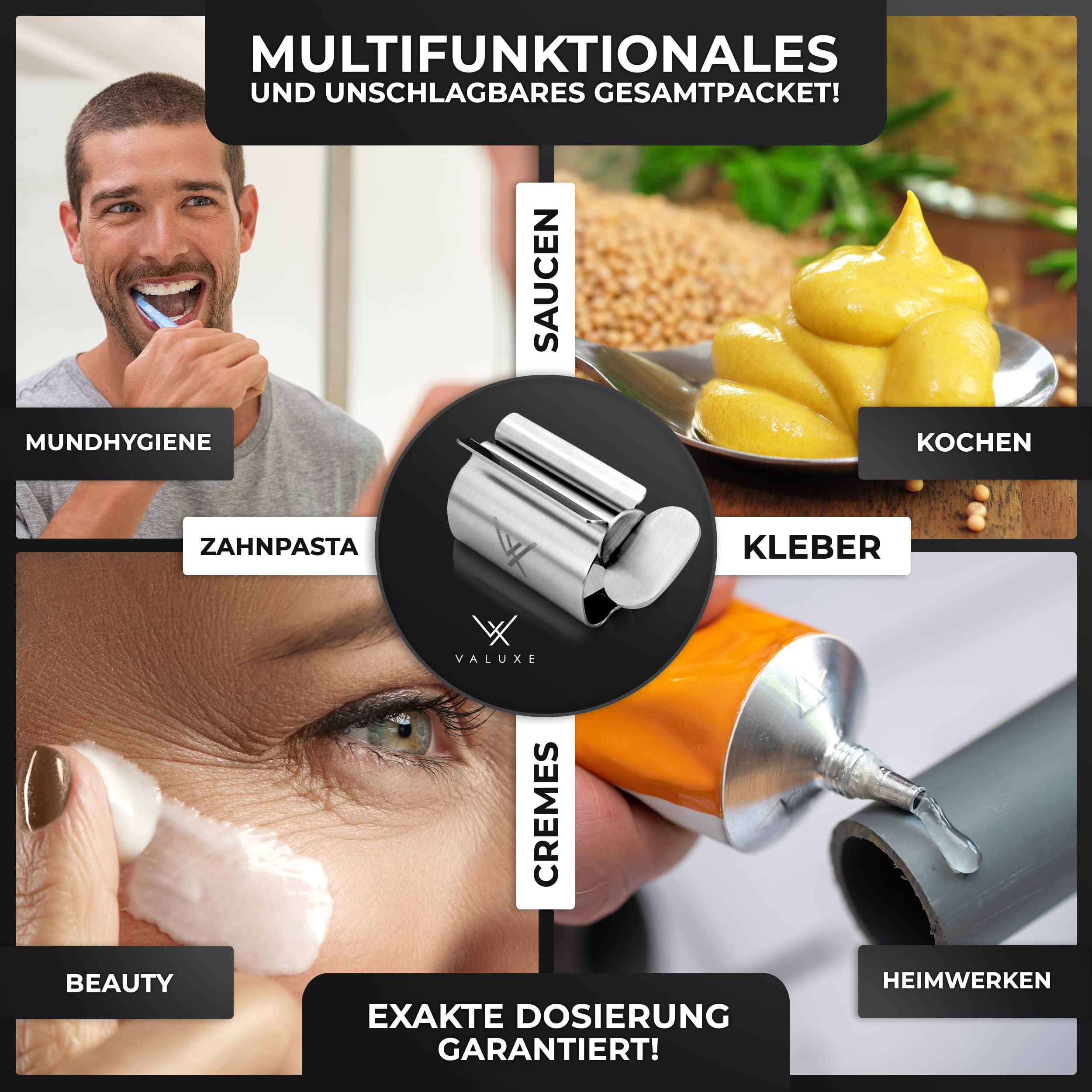 VALUXE® Wyciskarka do tubek premium [2 x mały] – wyciskacz pasty do zębów ze stali nierdzewnej – efektywna prasa do tubek – w zestawie szlufka do zawieszania – wyciśnięcia bez resztek