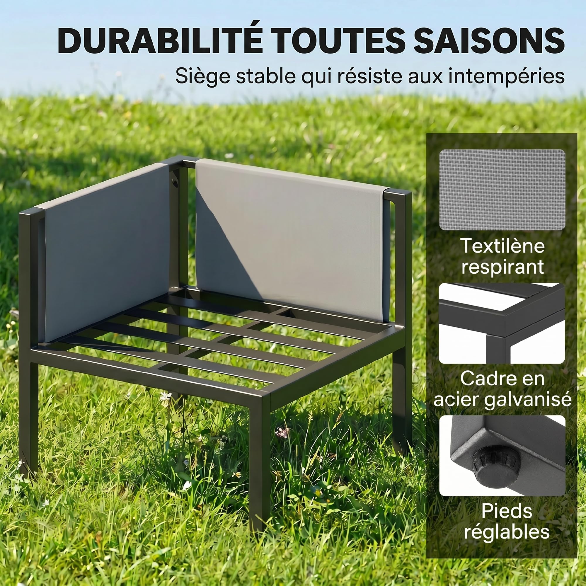 Outsunny Salon de Jardin 6 Pièces Canapé d'angle Extérieur Acier Gris | Ensemble Meuble de Jardin avec Coussins 10cm, Table Haute, 2 Repose-pieds, Mobilier de Terrasse 7 Personnes, Textilène