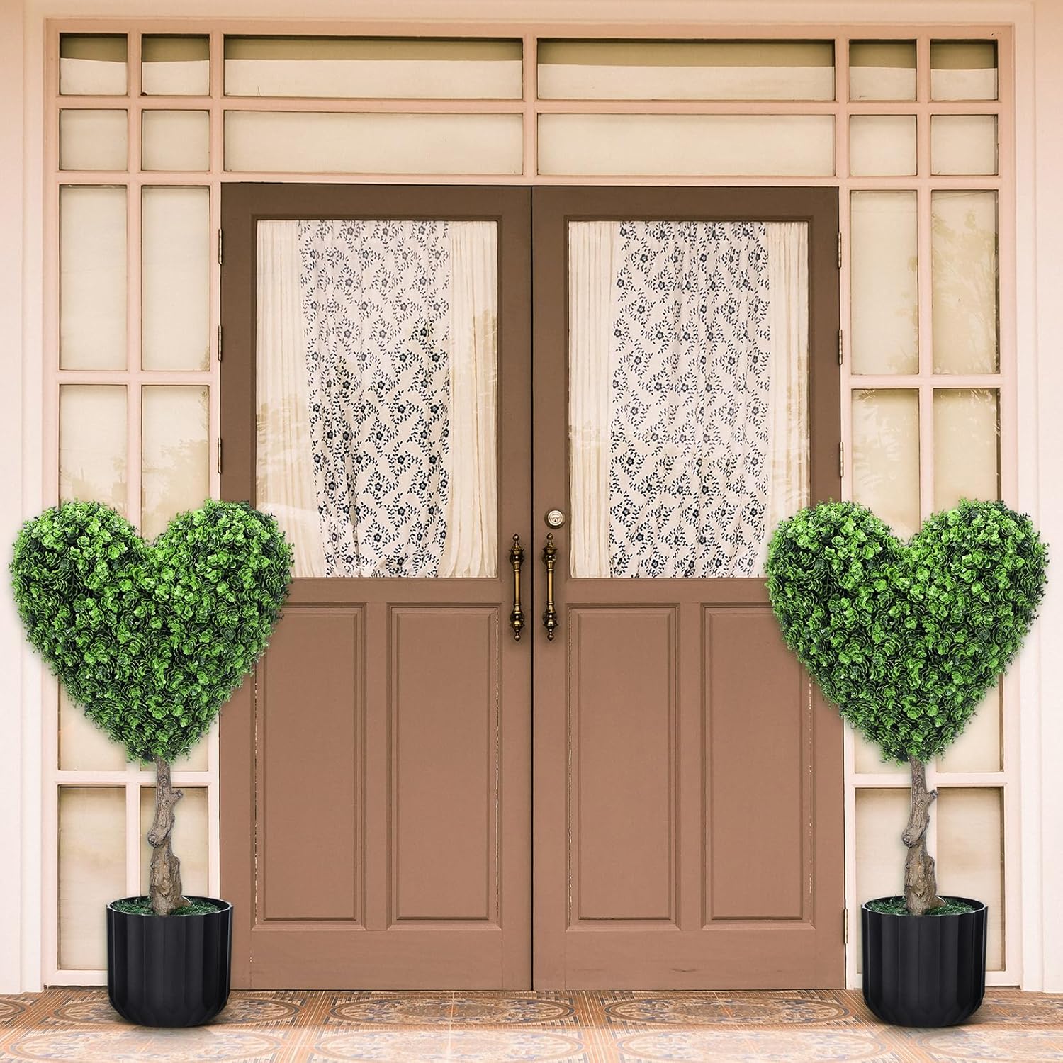 2 Sets 23.62 Inches Artificial Heart Boxwood Topiary Outdoor, Valentine's Day Heart Shaped Topiary Trees, Faux Boxwood Outdoor Valentines Decoration with Planter Pots for Home Porch Decor