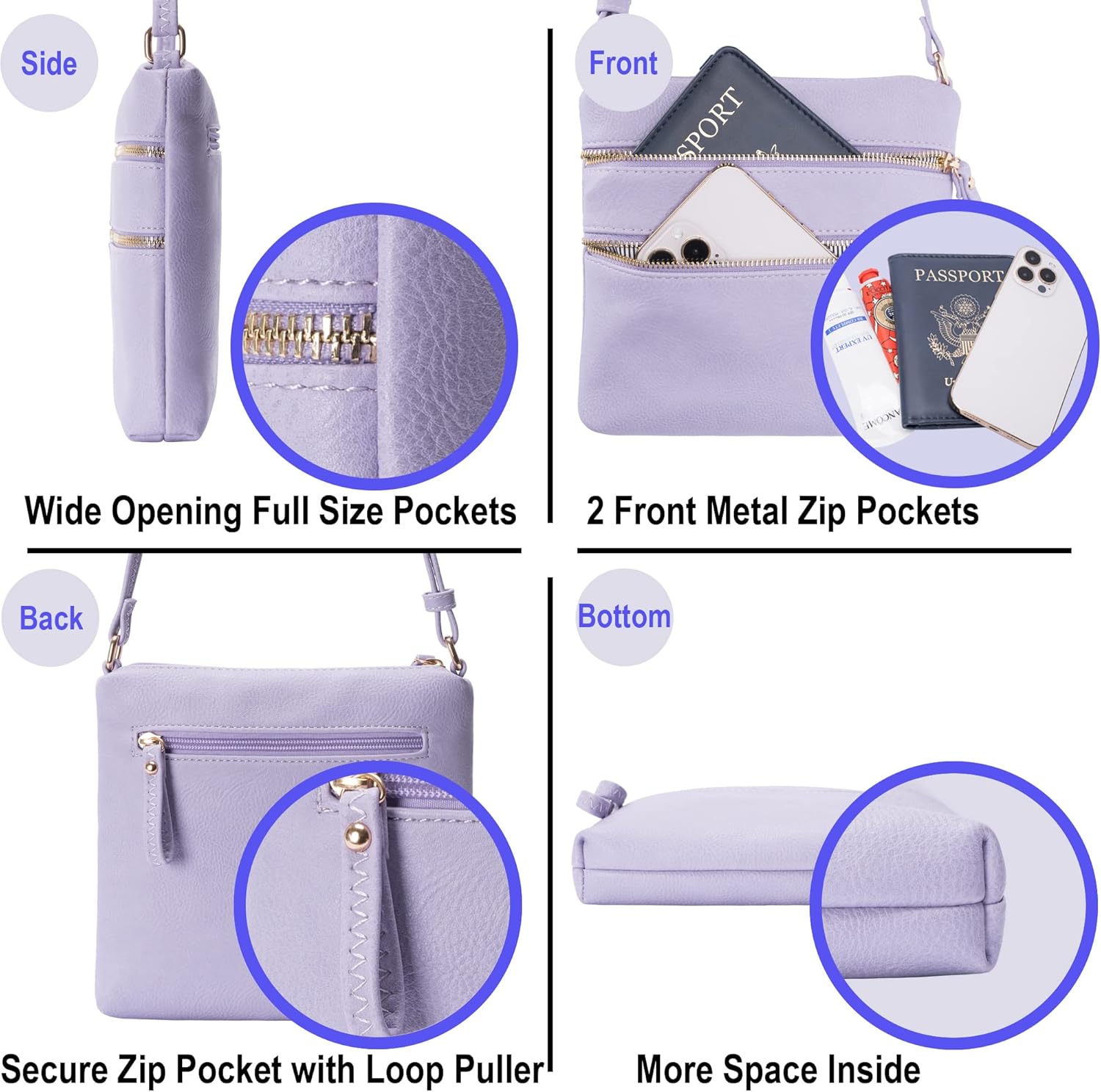 Solene Small Multi Zipper Pocket Crossbody Bag with Adjustable Strap, Lightweight Travel Purse, Daily Small Messenger Pouch - Image 7