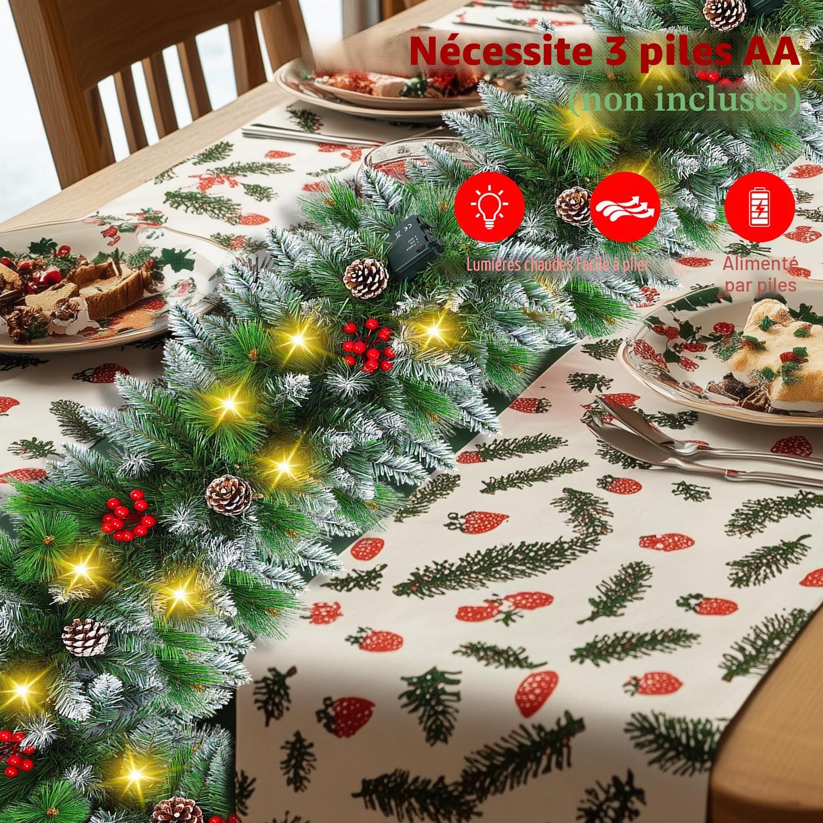 Guirlande de Noël avec éclairage 30 LED - 2,7 m - Guirlande de sapin avec éclairage de fleurs et boules - Décoration de Noël en rotin - Pour escaliers, intérieur et extérieur