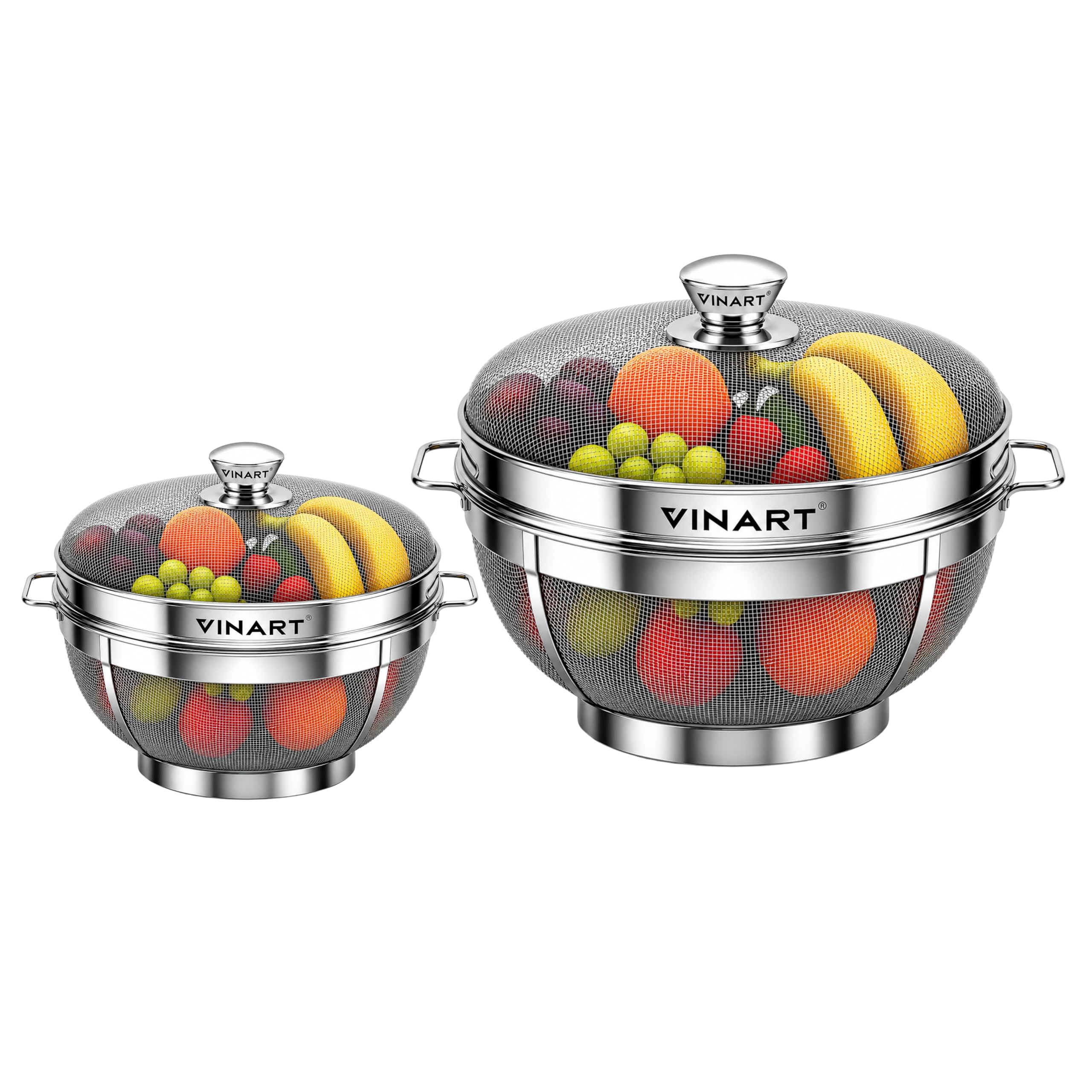VINART Stainless Steel Fruit Basket with Lid | Fruit & Vegetable Storage Basket for Kitchen & Dining Table (Small + XXL 10+14)