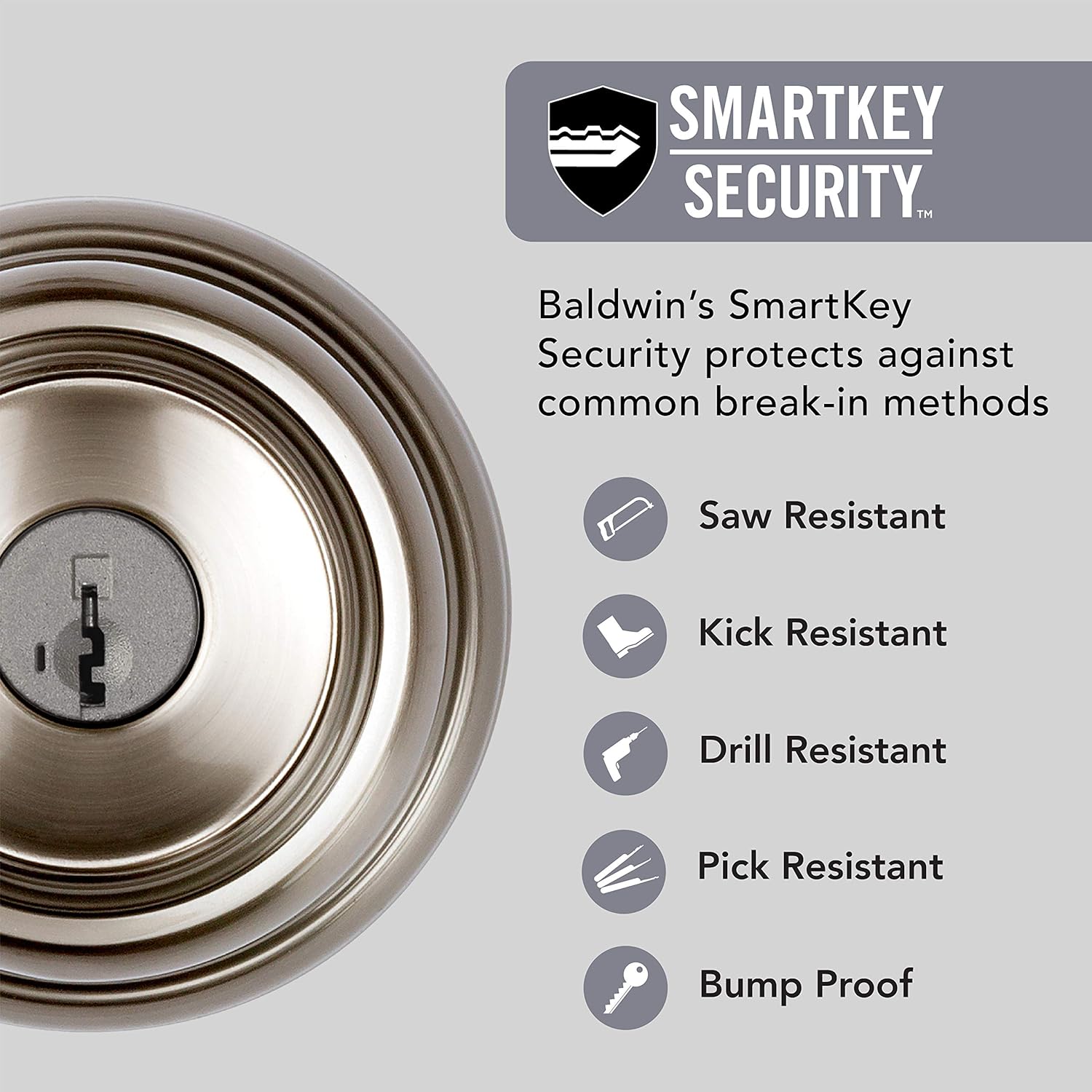 Baldwin Alcott, Entry Door Knob Handle with Keyed Lock Featuring SmartKey Re-key Technology and Microban Protection, in Satin Nickel