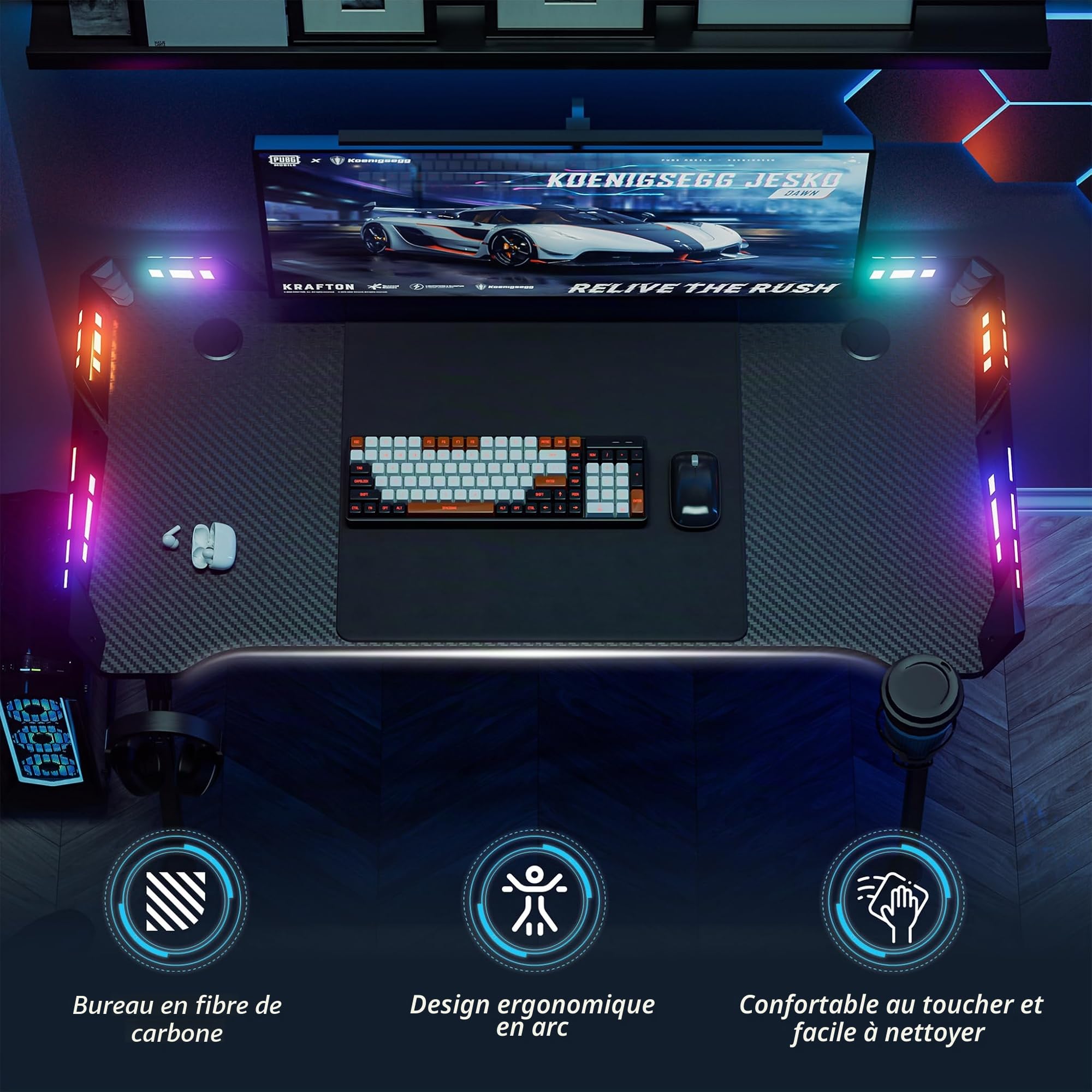 UISEBRT Bureau de jeu M-Frame avec LED, porte-gobelet et crochet pour casque, surface en fibre de carbone, table de jeu, ergonomique, pour chambre à coucher, 160 x 60 x 73 cm