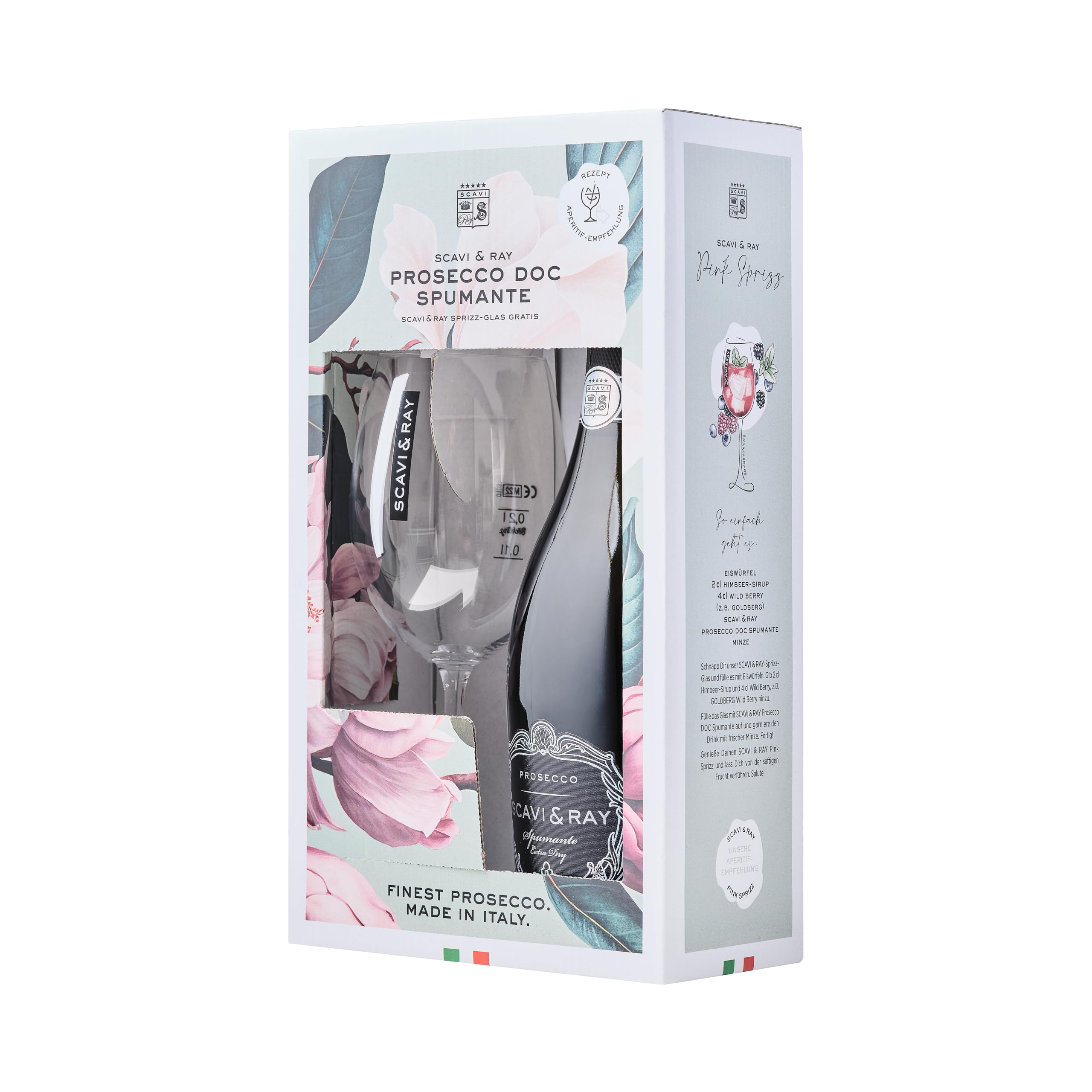 SCAVI & RAY Geschenkset Prosecco Spumante DOC (0,75l) Alk. 11% Vol. | Italienischer Schaumwein inkl. Original SCAVI & RAY Weinglas – Elegantes Präsent für besondere Anlässe