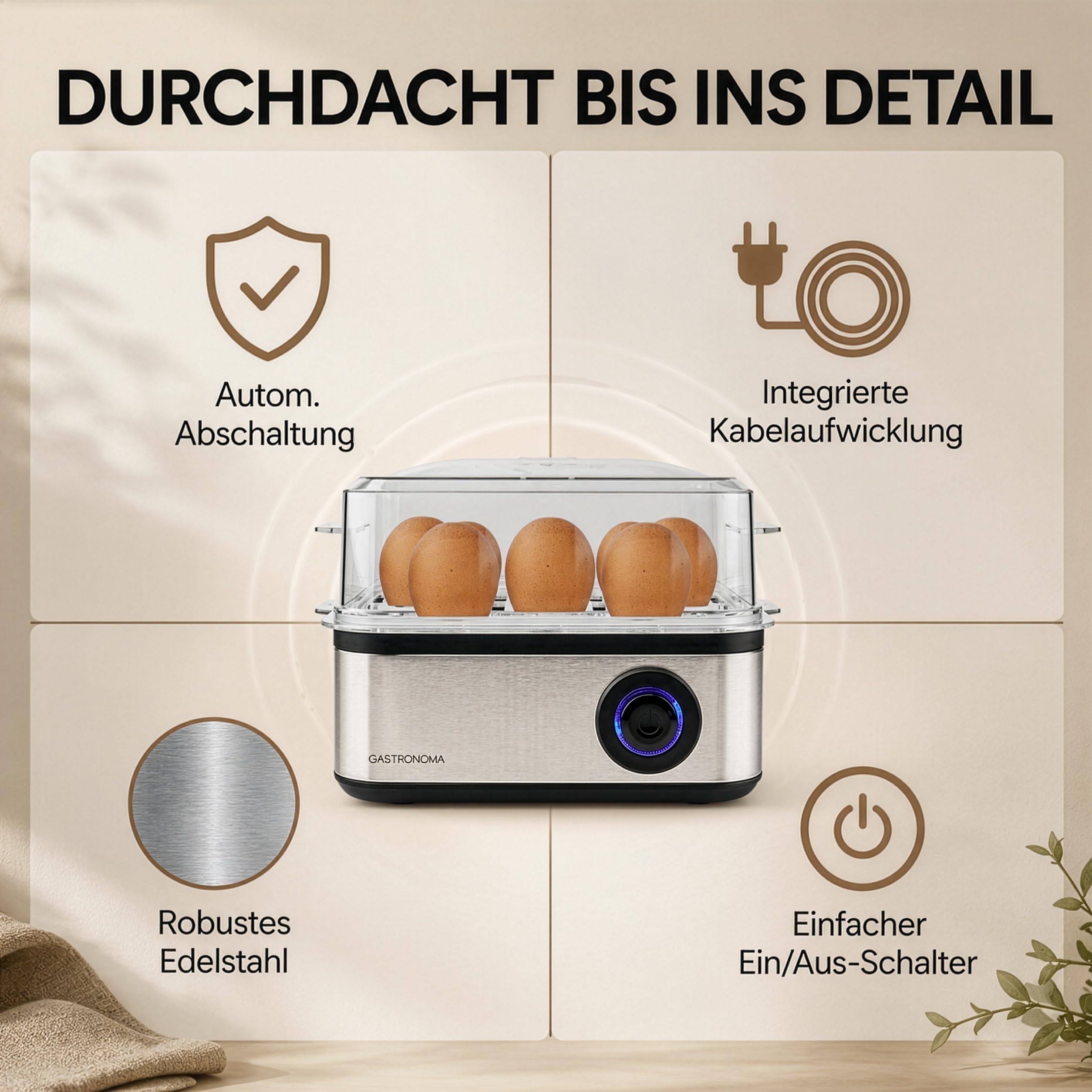 Gastronoma Eierkocher - Eierkocher 8 Eier - Egg Cooker mit Timer - Edelstahl - Silber