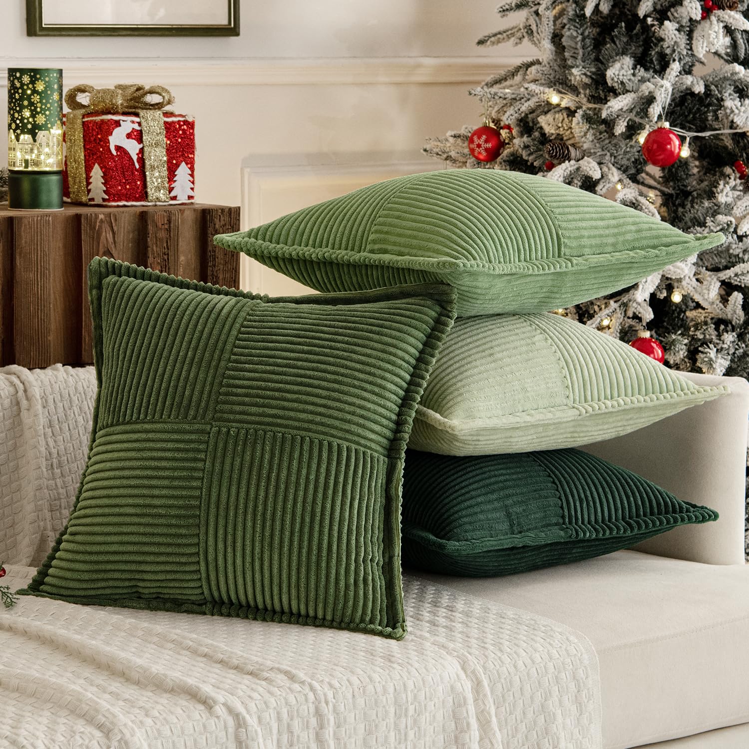 MIULEE Corduroy Cushion Covers Pack of 4 Decorative Modern Patchwork Throw Pillow Covers Soft Pillowcase Cushions for Home decor Sofa Couch with Invisible Zipper 16x16 Inch Green Series - Image 4