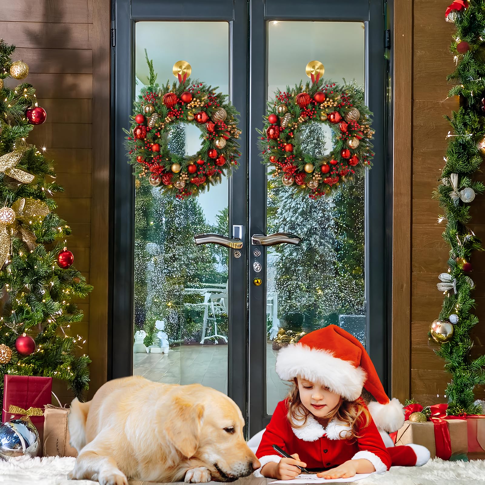 Gold Wreath-Hanger, 22 LB Strong Stainless Steel Suction-Cup-Wreath-Hooks, 2 Pack Wreath-Door-Hanger Fall Halloween Christmas Decorations, Welcome Sign for Front Door Indoor Outdoor, Reusable Holder