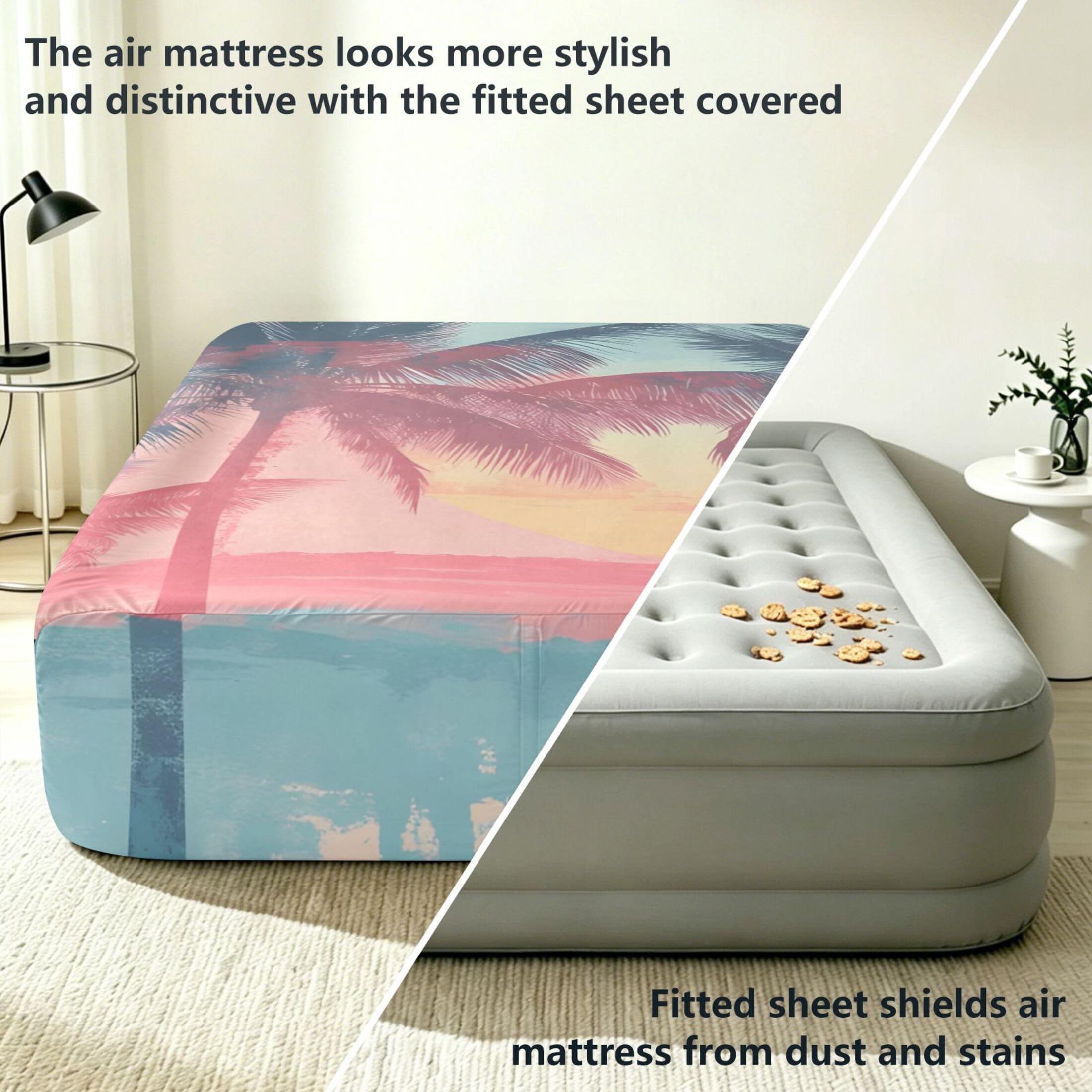 Tropical Beach Scene - Sábana bajera ajustable individual para colchón de aire, bolsillo extra profundo de 24 pulgadas, funda suave y transpirable con apertura de válvula de cremallera para