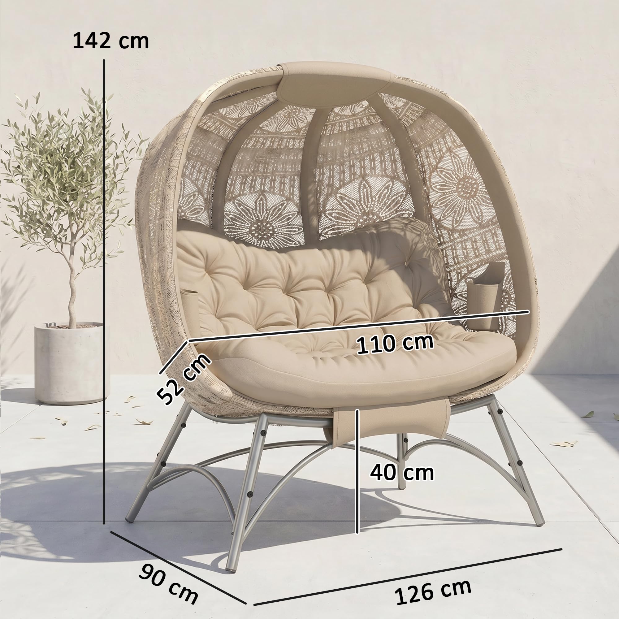 Outsunny 2-osobowy fotel papasan ogrodowy, 126x90x142 cm, piaskowy | Fotel wiklinowy ze składanym koszem, z poduszką, fotel wypoczynkowy do 240 kg, na balkon, taras