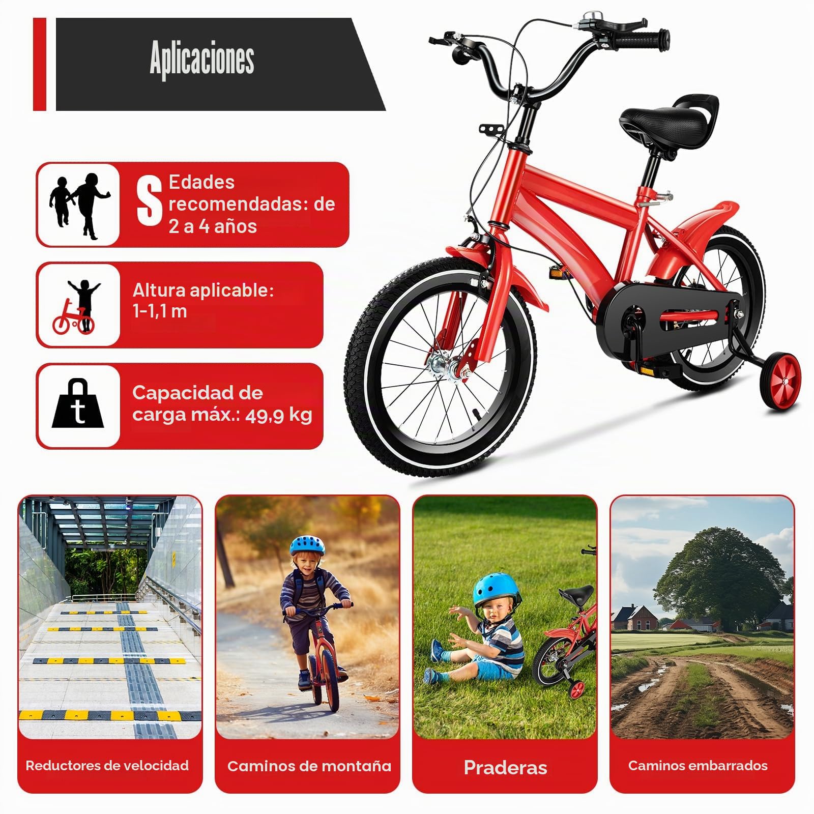Bicicleta infantil de 14 pulgadas con ruedas de apoyo, bicicleta para niños de 3 a 6 años y niñas, al aire libre, deportivo, bicicleta infantil, color rojo, altura ajustable (95-135 cm)