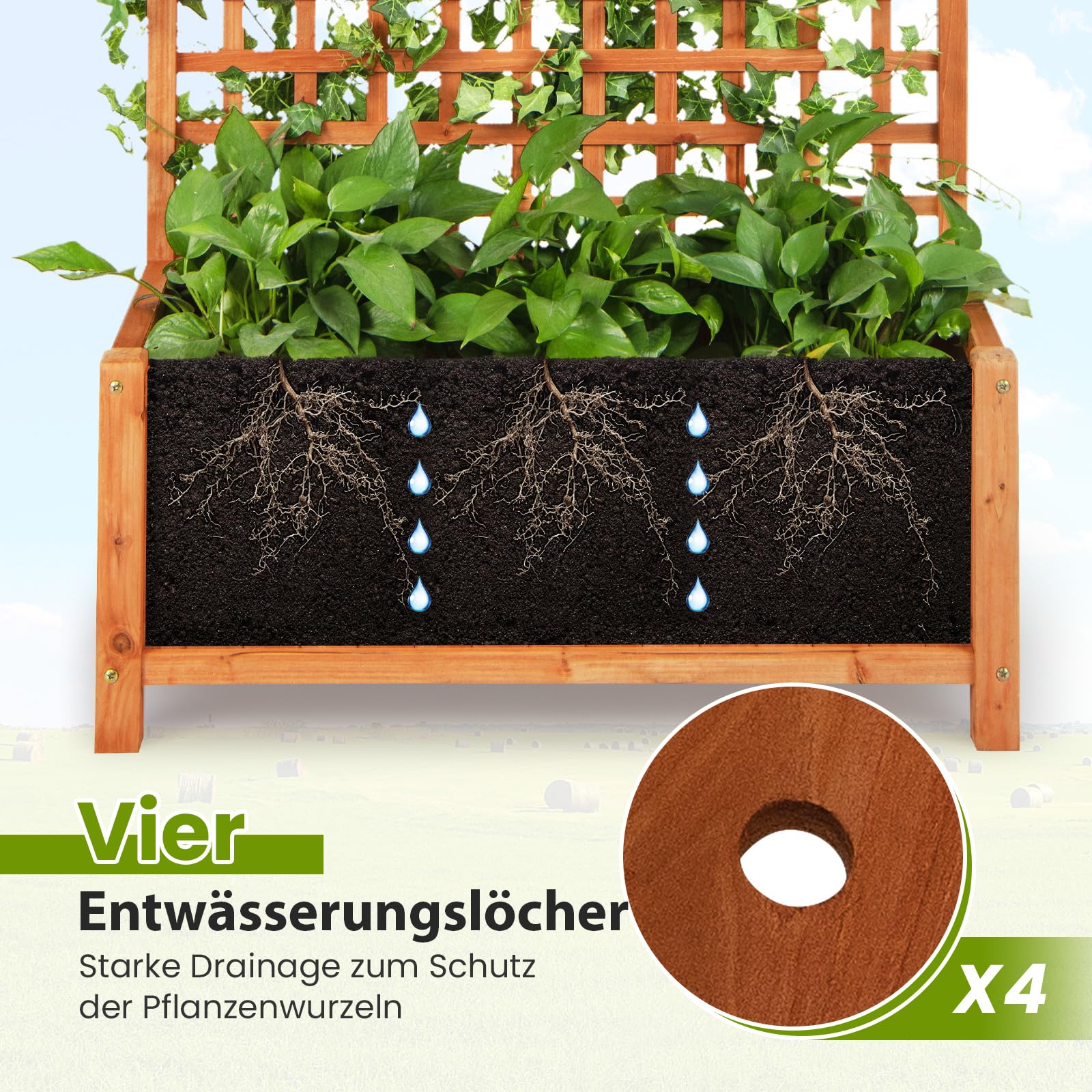 GOPLUS Pflanzkasten mit Rankgitter, Blumenkasten mit Ablauflöchern & Spalier, Gartenbeet aus Tannenholz, Rankhilfe für Kletterpflanzen, Gartenspalier für Garten & Balkon, 90 x 44,5 x 183,5 cm