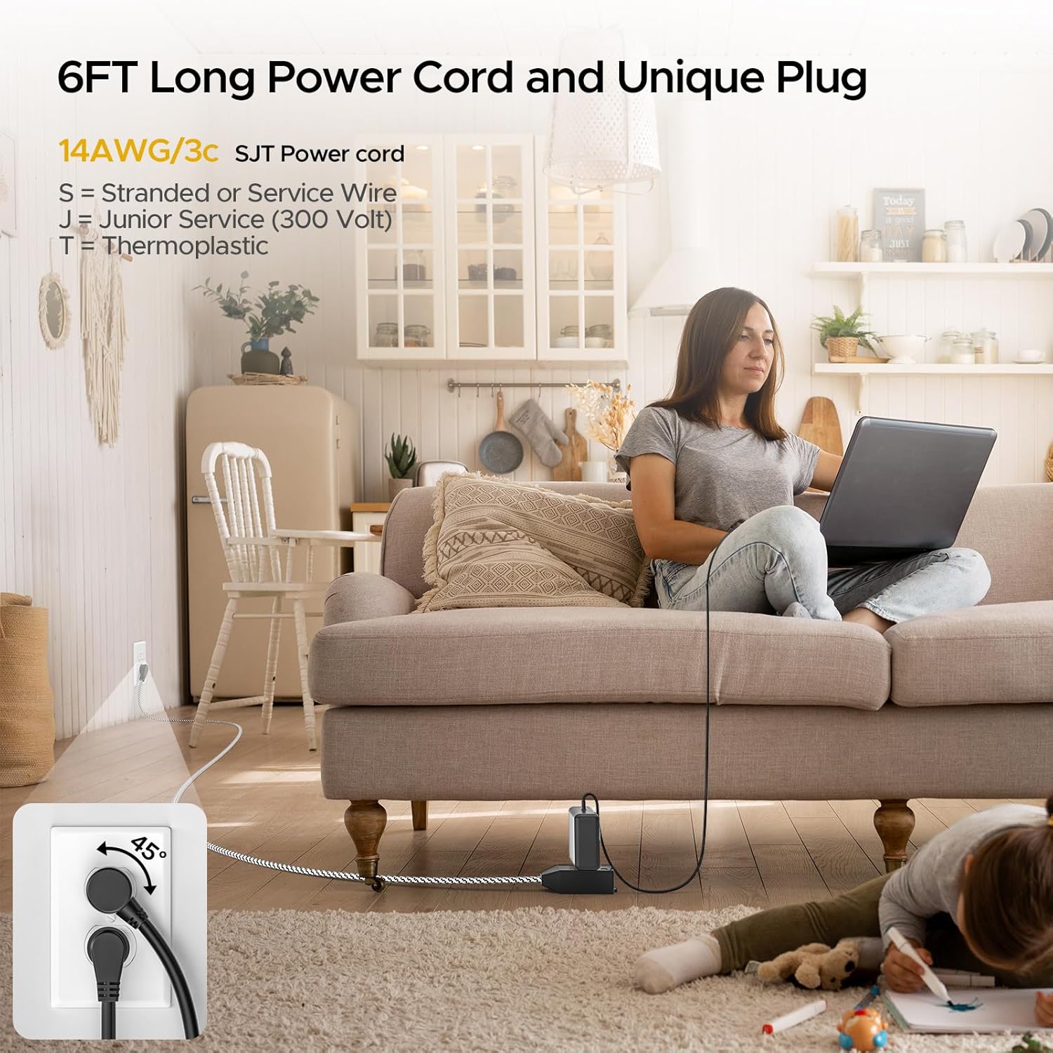 2 Prong Extension Cord, 12 ft Braided Flat Indoor Extension Cord with 3-Outlet, Flat Plug, Slide Safety Cover, 16AWG Long Cord, 2 Pack