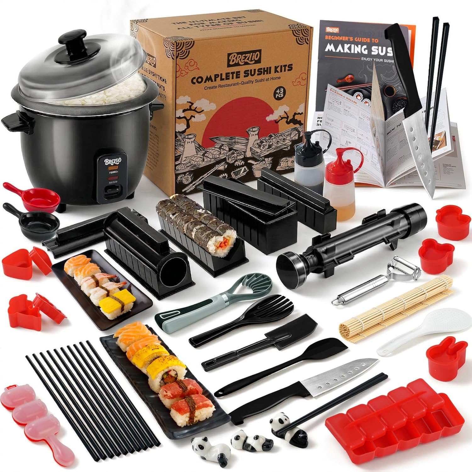Sushi Maker Kit - 43-Piece Complete Set for Beginners with Sushi Bazooka Roller, Onigiri Mold, Nigiri Maker, Bamboo Rolling Mat & Accessories | Easy DIY Sushi Preparation at Home