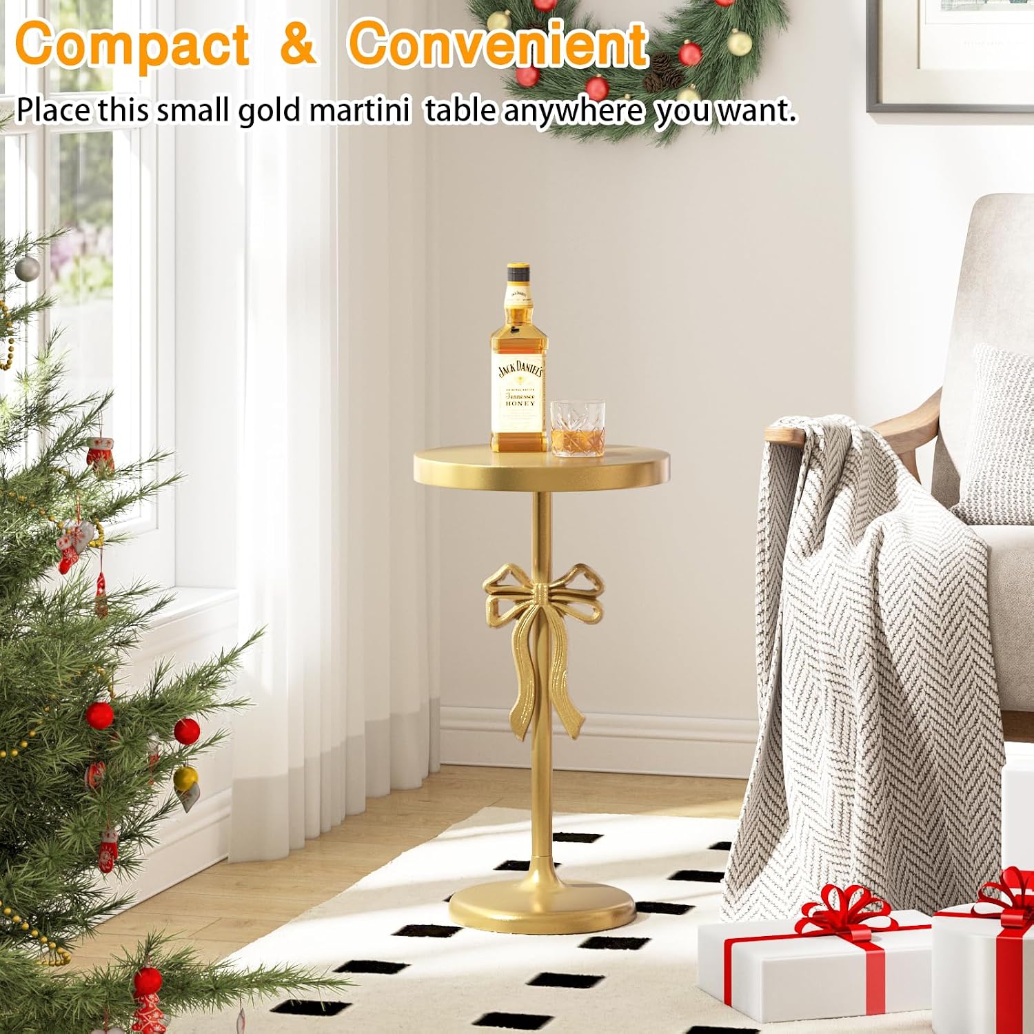Gold Drink Table, Metal Martini Side Table - 11.9" x21.7'', Gold Small Accent Table with Bow Decoration, Pedestal End Table for Small Spaces