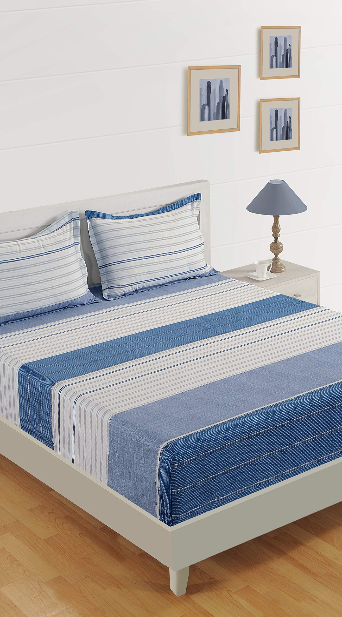 Swayam Pure Cotton King Fitted Bedsheet with 2 Pillow Covers | Size 72 x 78 x 10 inch | 210 TC | Striped Design | Soft Breathable Bed Sheet | Comfortable & Durable for Bedroom - Blue-picture-14