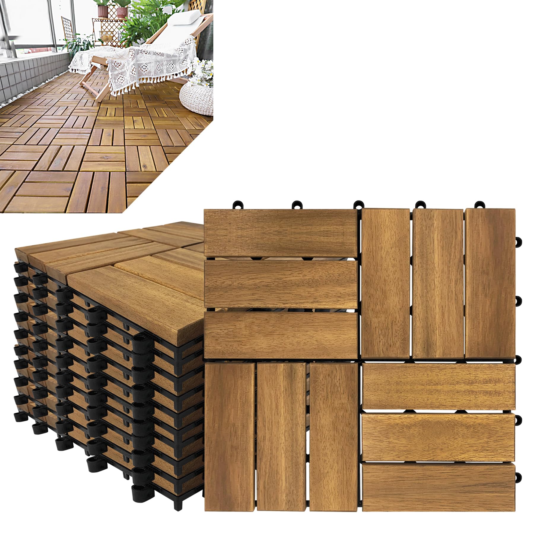 Froadp Holzfliesen aus Akazien Holz 30x30 cm Terrassenfliesen Bodenbelag Holzboden Klicksystem 1 m² Holzfliesen Balkonfliesen Klickfliesen für Terrasse Balkon Garten Patio, 11 Stück (Type B)