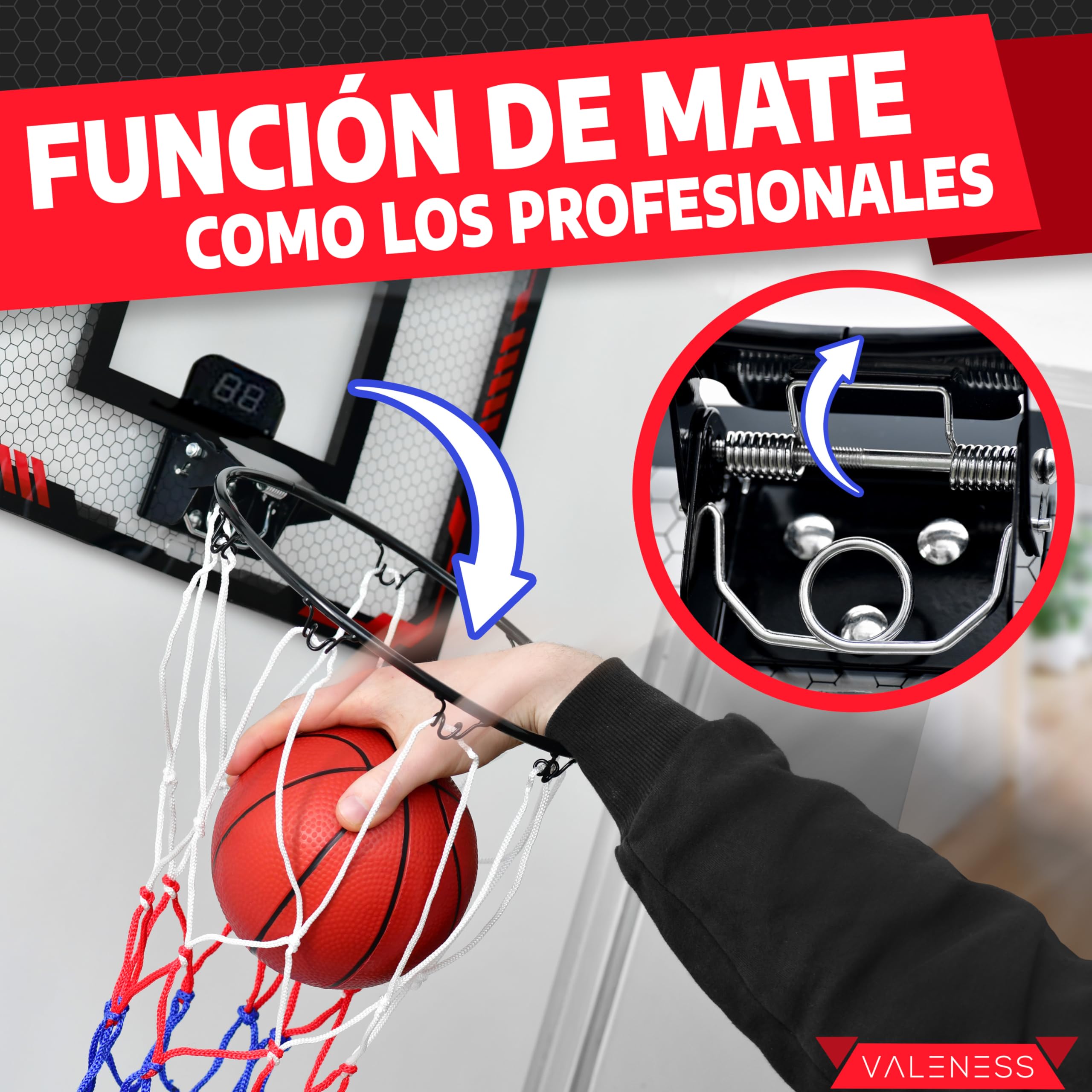 VALENESS® Mini canasta de baloncesto para interior [para puerta y montaje en pared] – pequeña cesta de baloncesto con función oscura, 4 pelotas, bomba y accesorios de fijación – para niños y adultos
