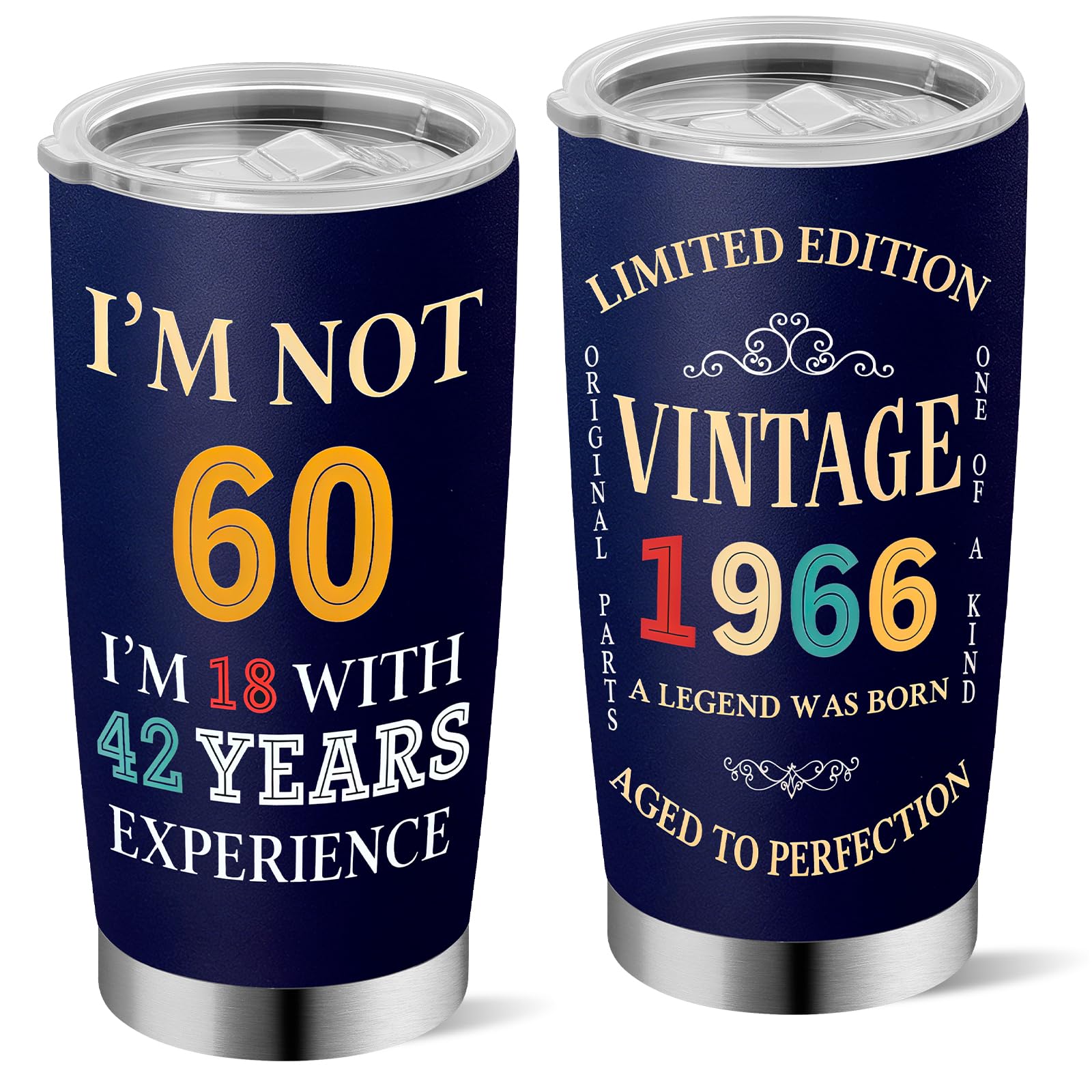 Yuecda 60th Birthday Gifts for Women Her, 1966 60th Birthday Decorations for Woman, 60 Year Old Birthday Gift Ideas, 20 oz Stainless Steel Vacuum Insulated Tumblers（Blue）