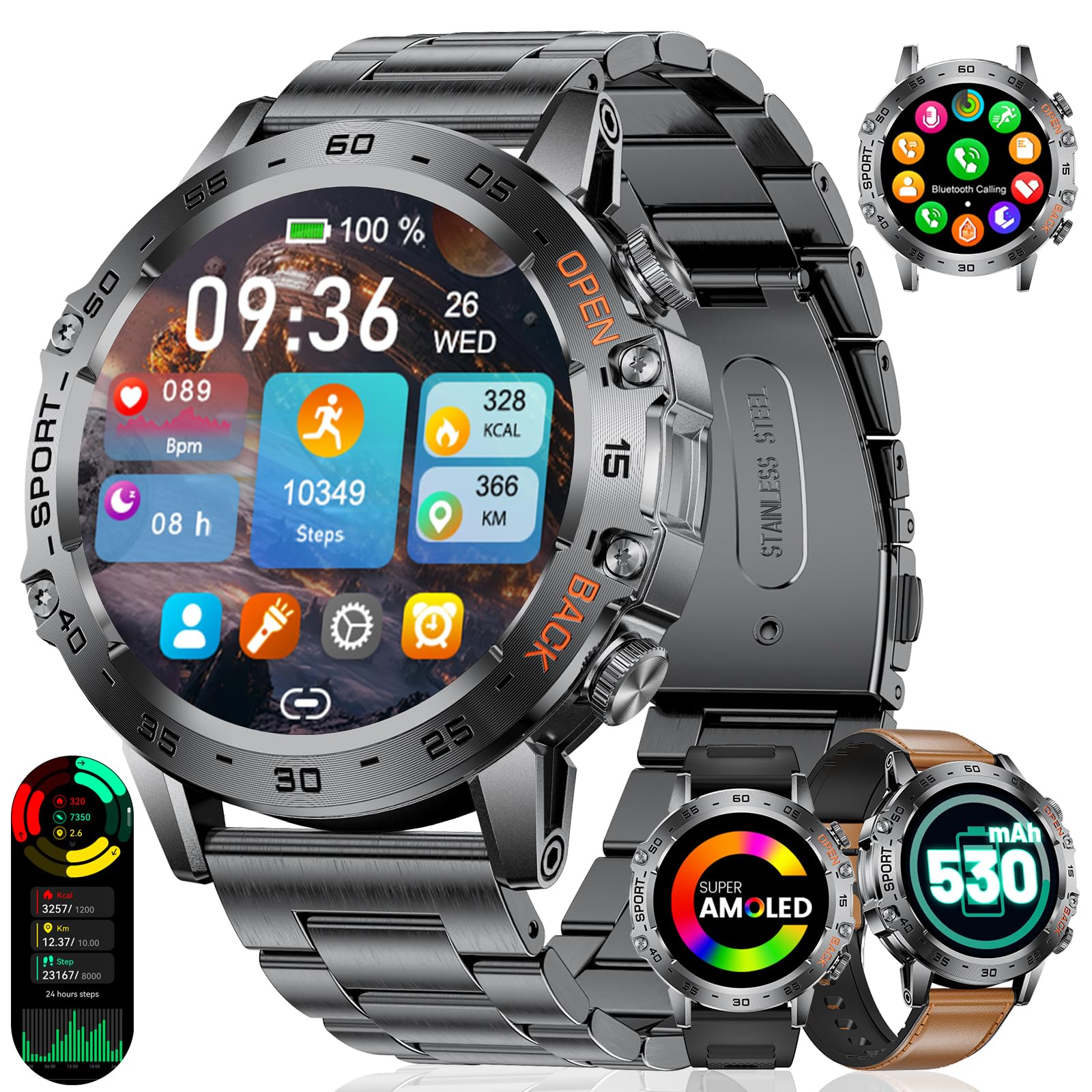 LIGE FV10 Reloj Inteligente Hombre con 530mAh, 1,45'' HD Militar Smartwatch Hombre con Llamadas Bluetooth, 110+ Modos Deporte, Frecuencia Cardíaca/SpO2, 3ATM Impermeable para Android iOS, Negro
